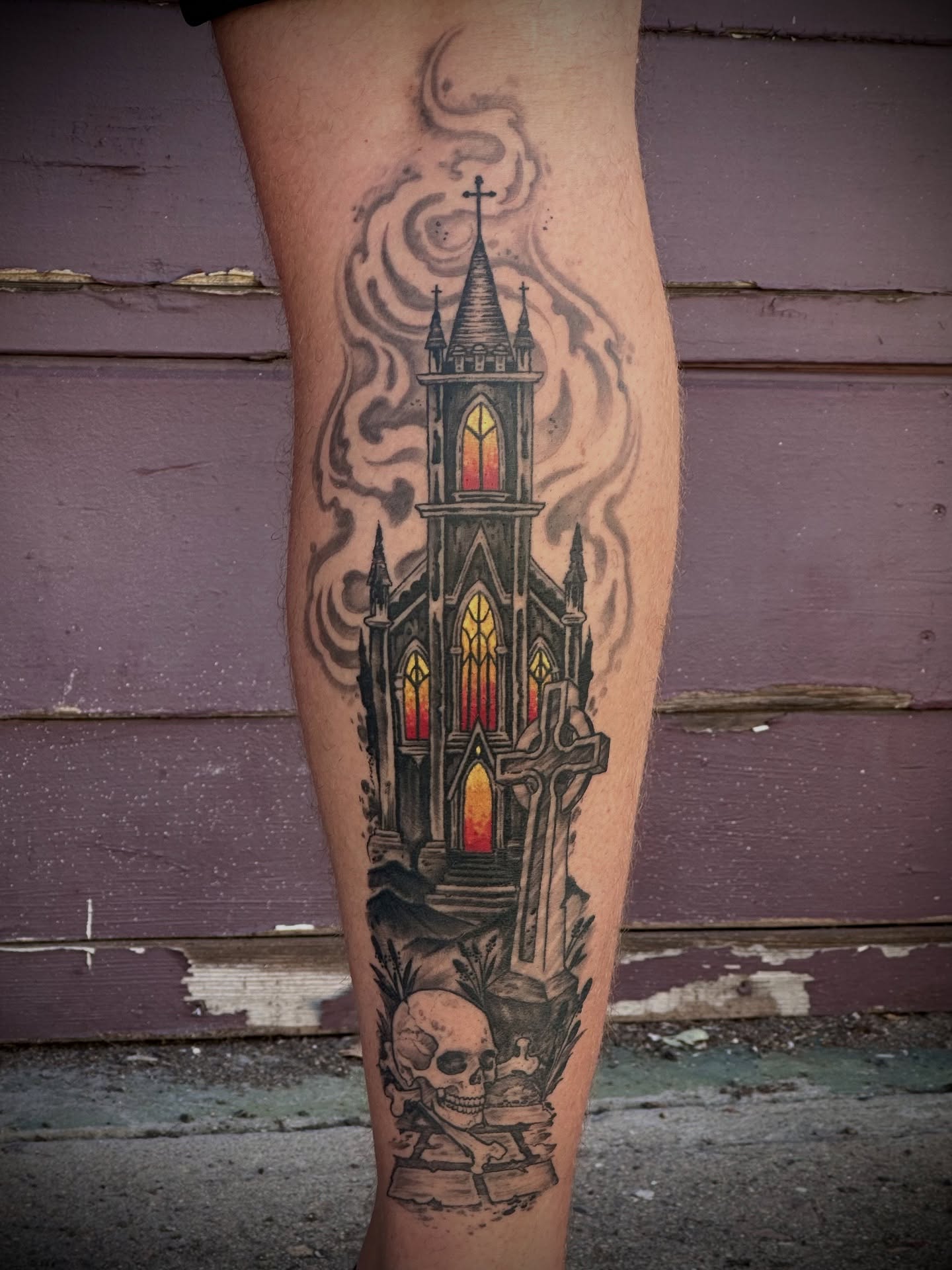Gothic church dark realism tattoo on the calf by Culleton Paramore