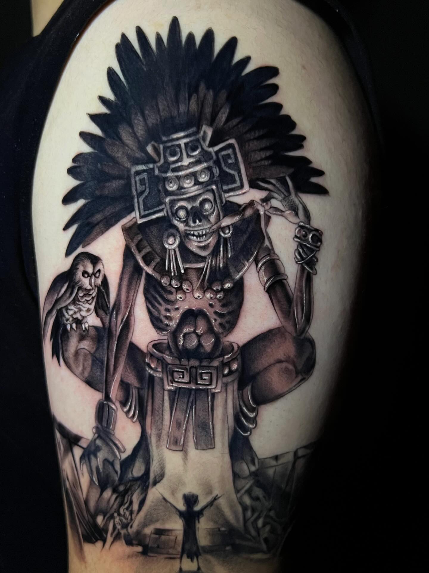 Aztec warrior realism tattoo on the shoulder by Matthew Arguello