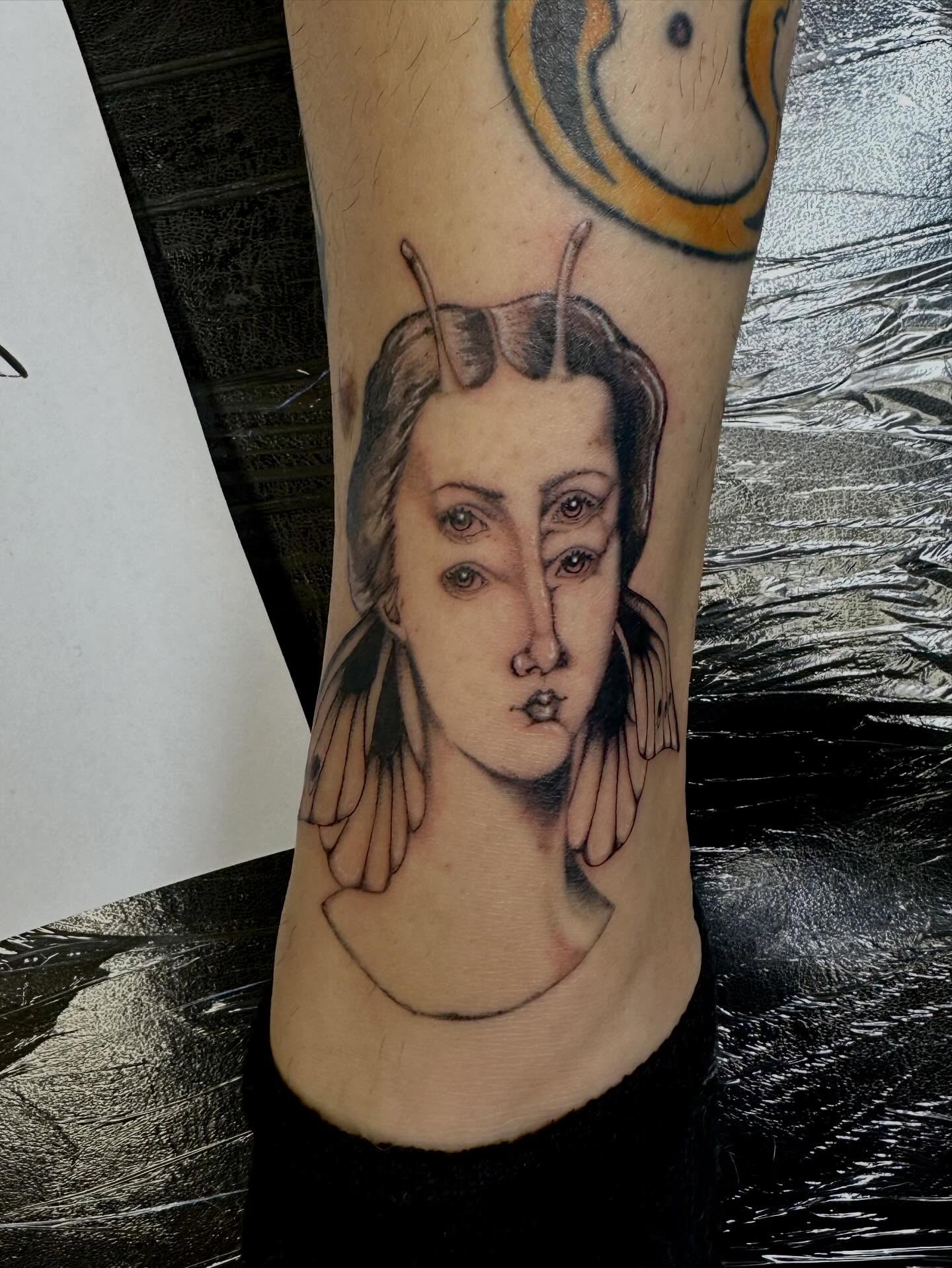 Woman's head realism tattoo on the forearm by Marie Novotny, Lakewood, Ohio
