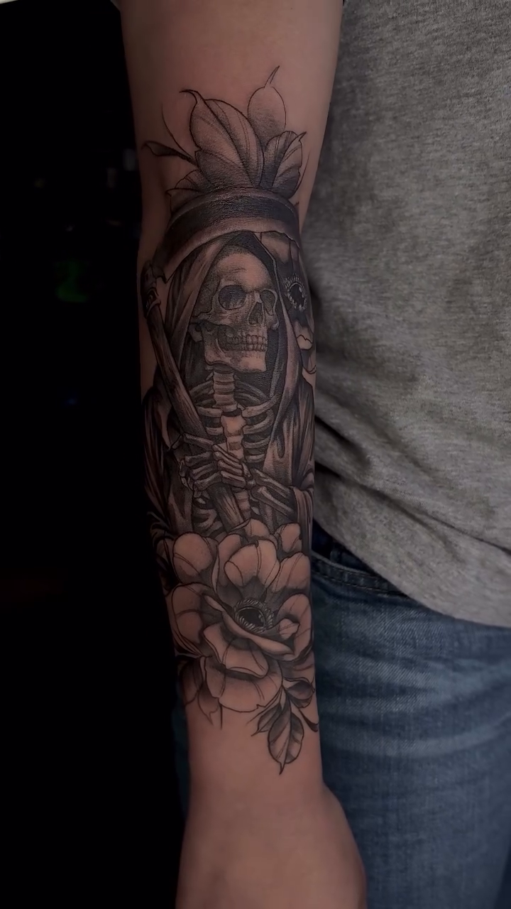 Grim Reaper with roses dark realism tattoo by Bay Area Tattoo Artist