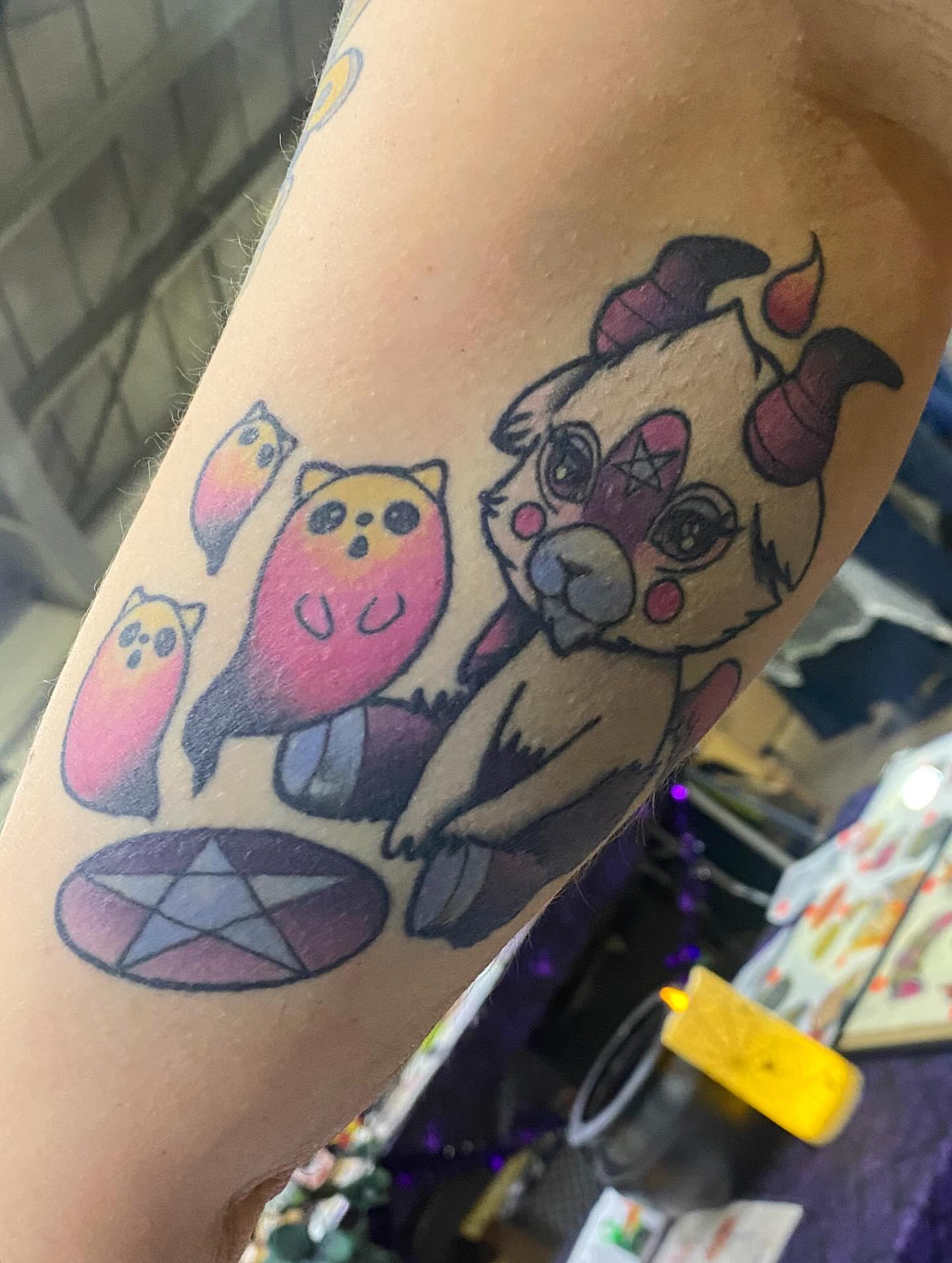 Cat new school tattoo on the forearm by Casey Dohner