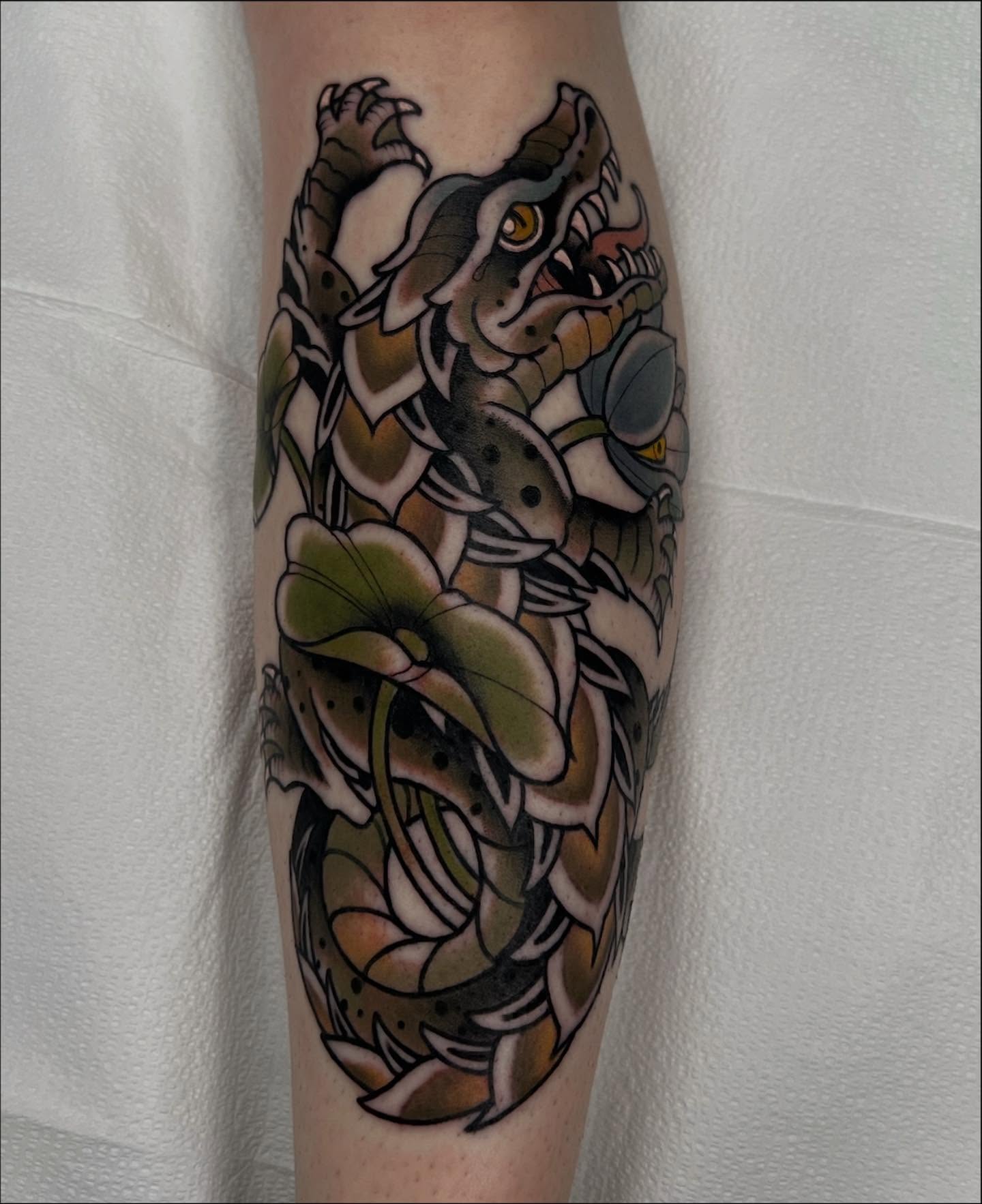 Dragon American traditional tattoo on the forearm by Kyle Olson, Salt Lake City, Utah