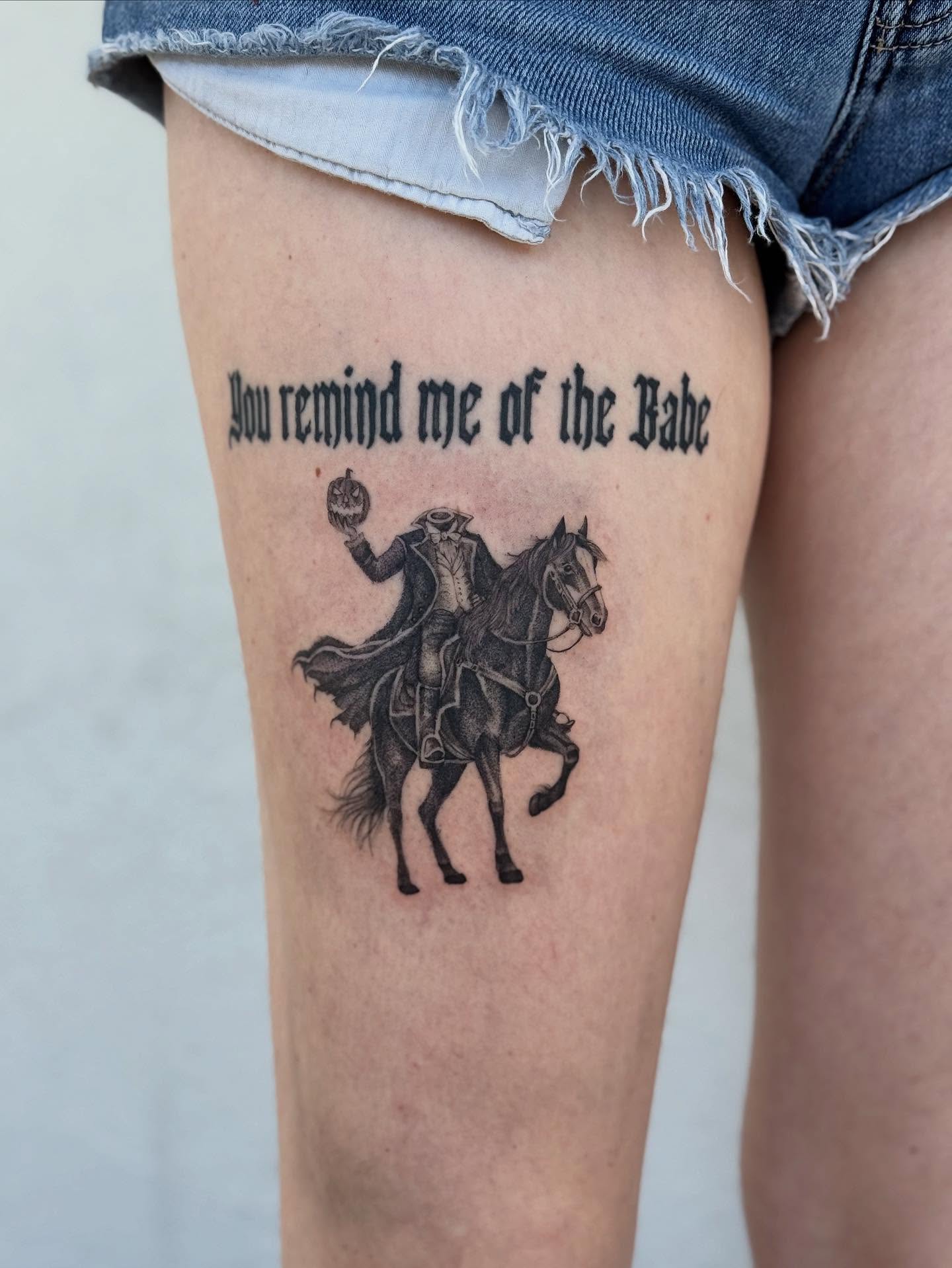 Man on horseback black and grey tattoo on the thigh by Karina ⋆⭒˚.⋆