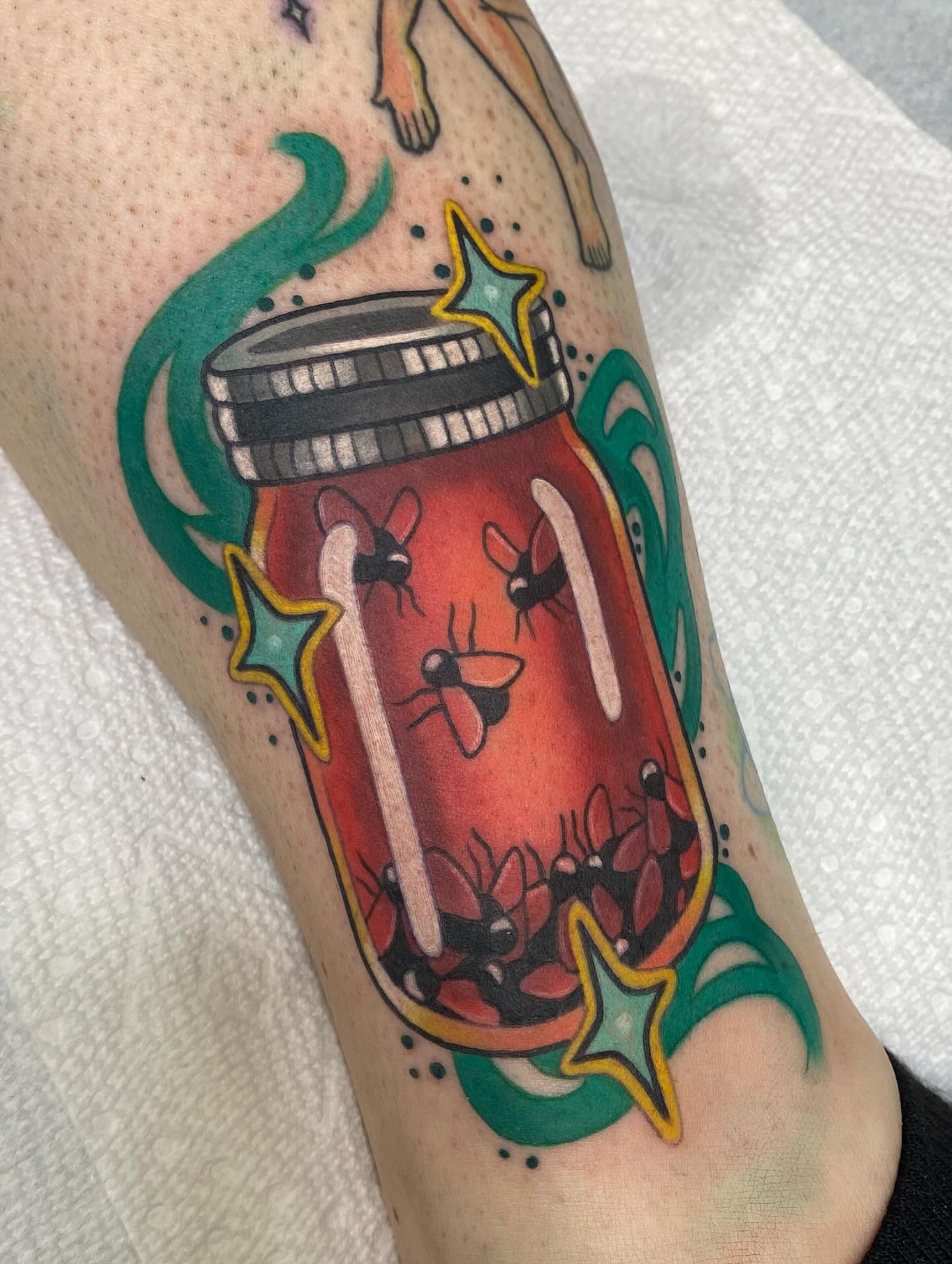 Mosquito jar American traditional tattoo on the forearm by Kellsey Mull