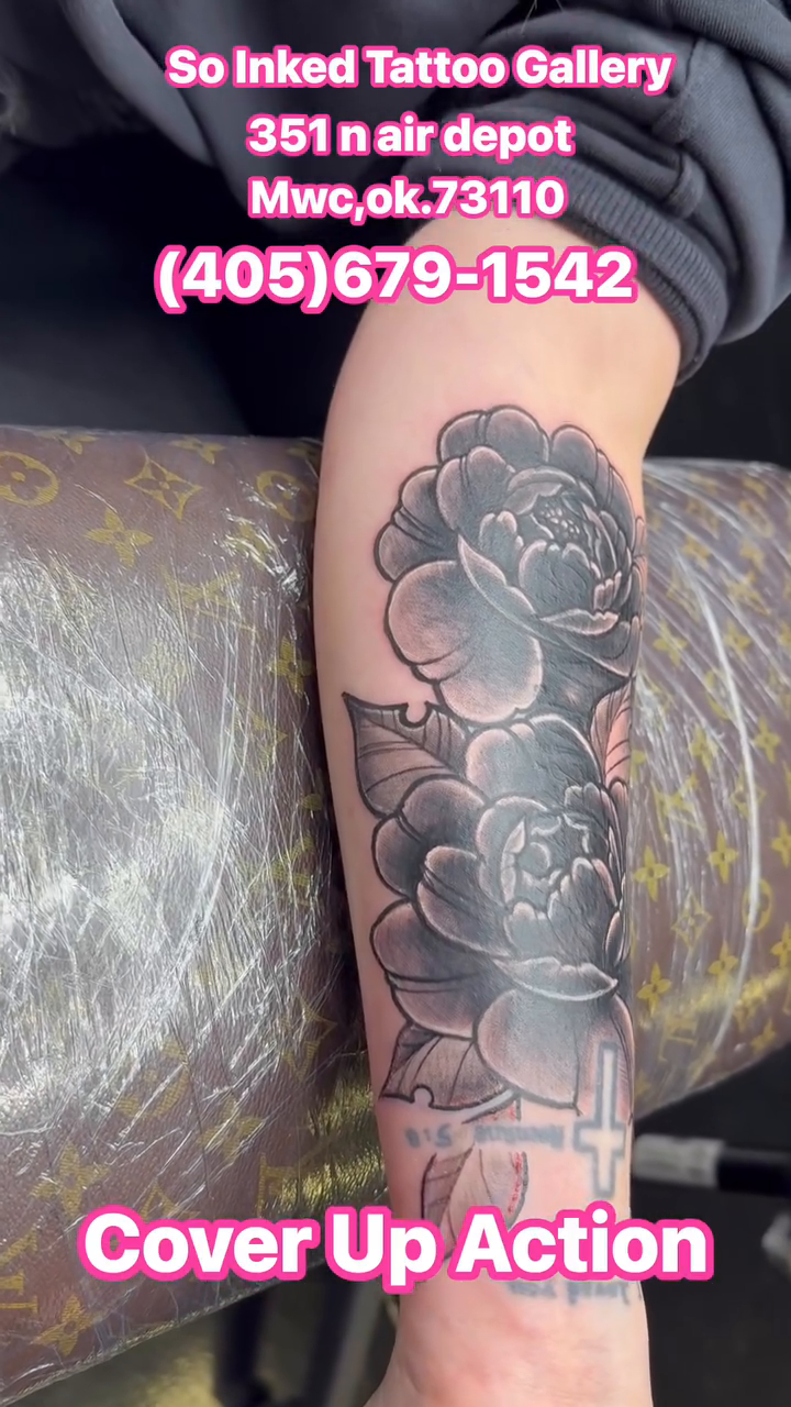 Peonies realism tattoo by Germaine Sherman