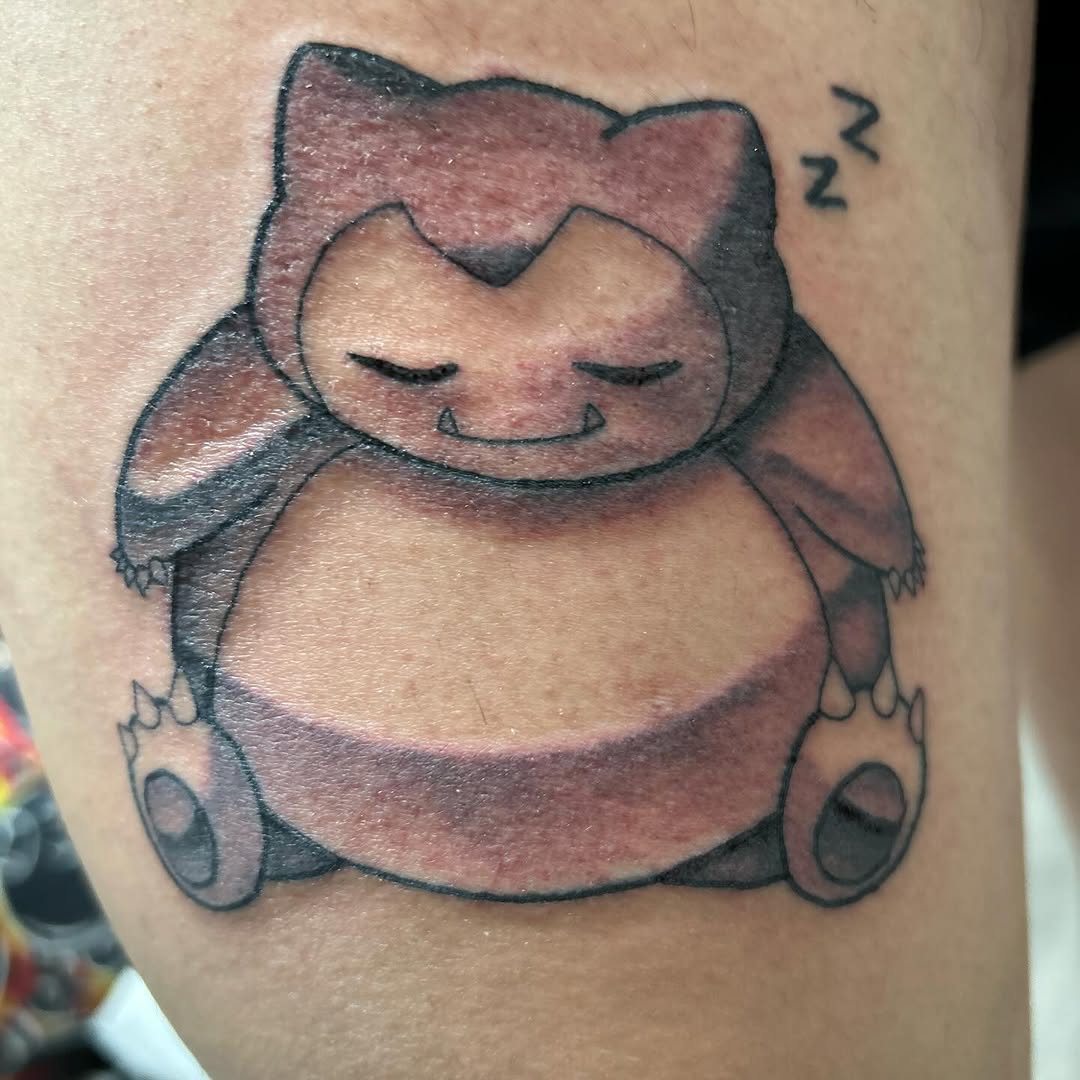 Snorlax sleeping new school tattoo on the forearm by 🇬🇹