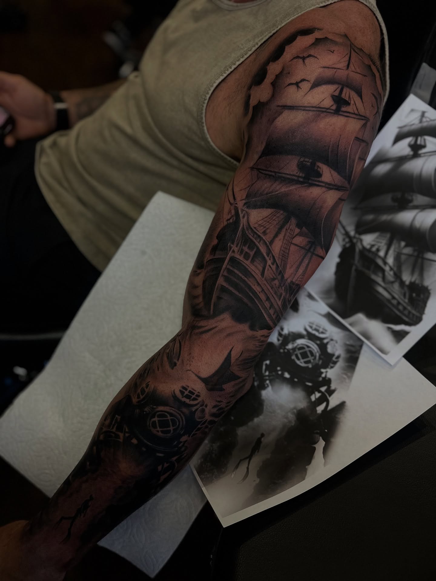 Ship realism tattoo on the forearm by Ray Ochoa