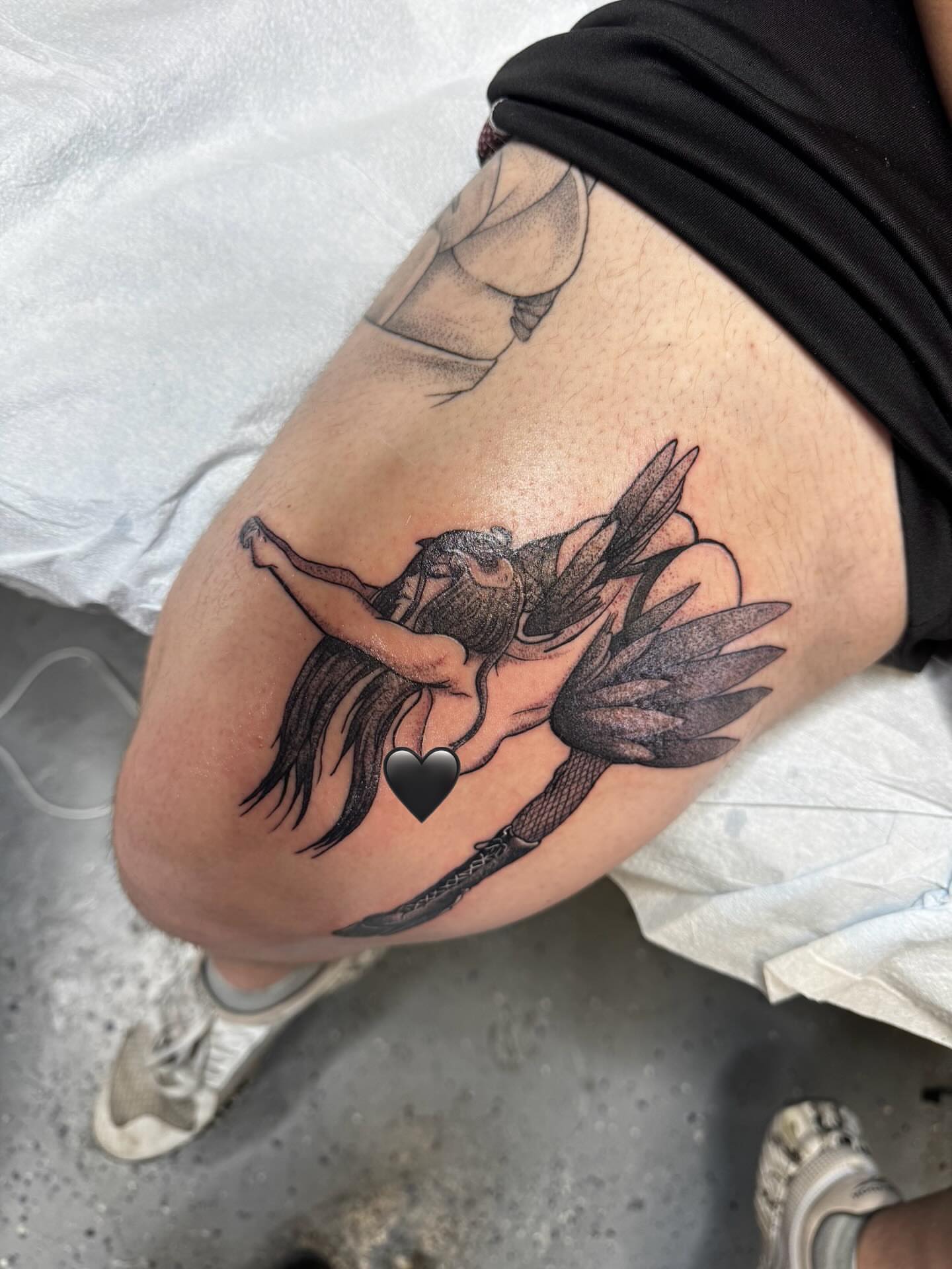 Fairy black and grey tattoo on the thigh by Fire-Breathing Bitch Queen