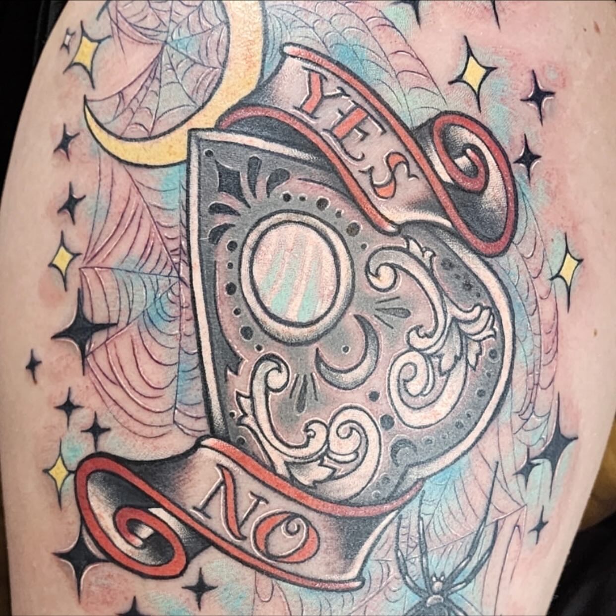 Fortune-telling card ornamental tattoo on the thigh by Vyvyn Lazonga