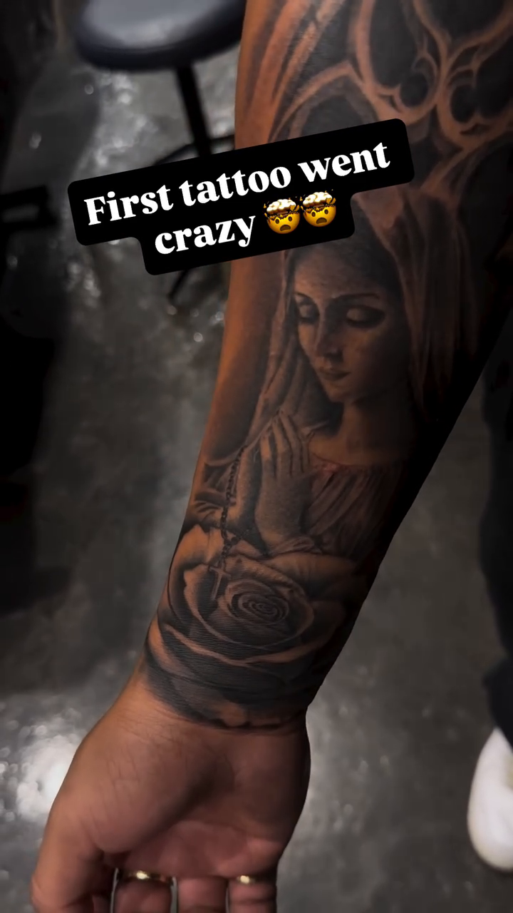 Virgin Mary and rose realism tattoo by Bernie calderon, Fresno, California