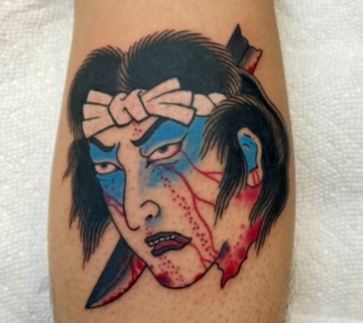 Japanese samurai American traditional tattoo on the forearm by Seth Griffin