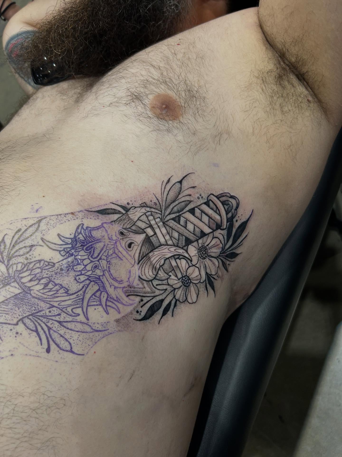 Fish and floral arrangement geometric tattoo on the thigh by Cyko Hernandez