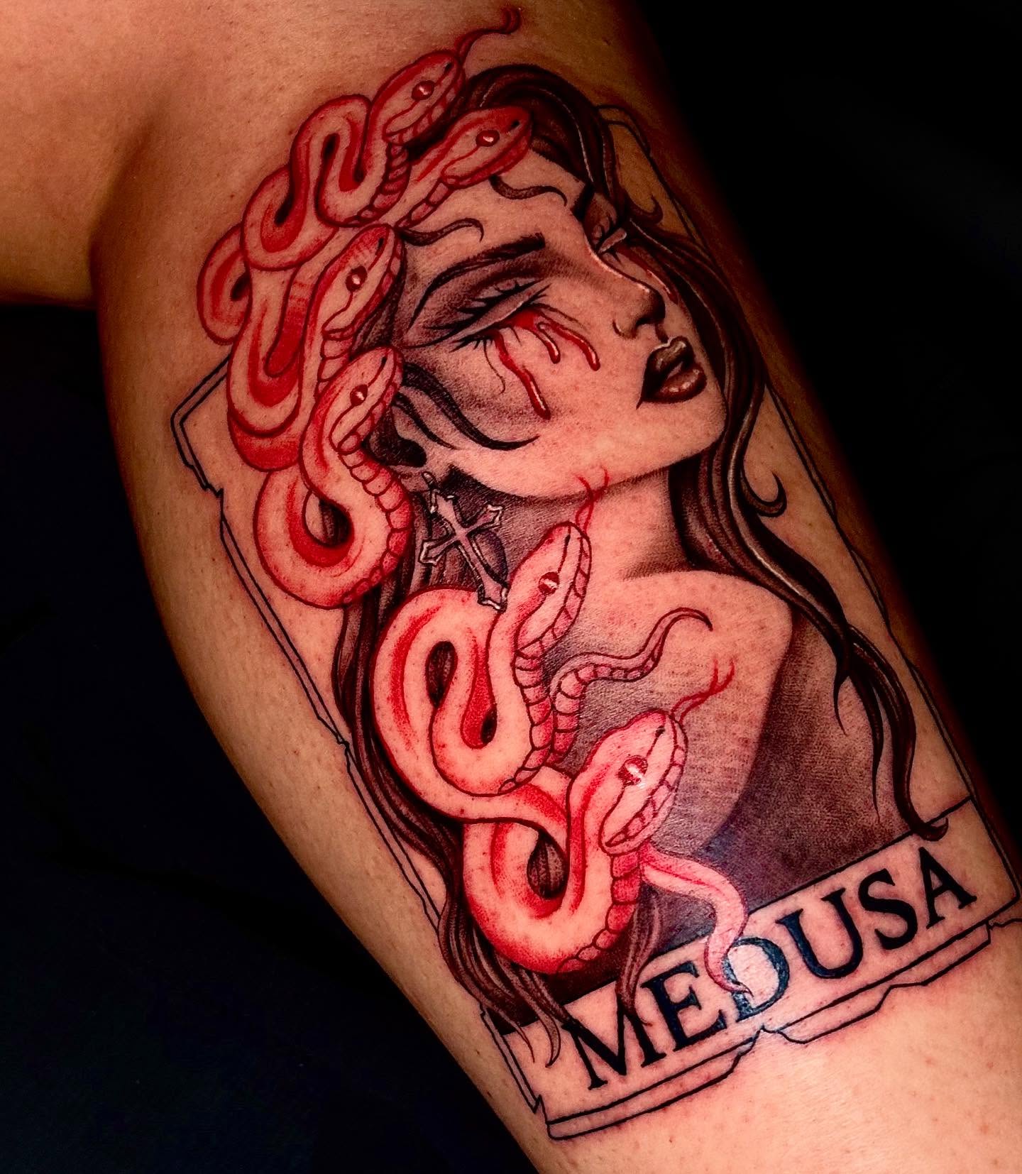 Medusa realism tattoo on the upper arm by ππππππ