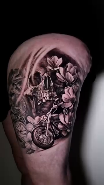 Skull with flowers and motorcycle realism tattoo by Cipri Suciu