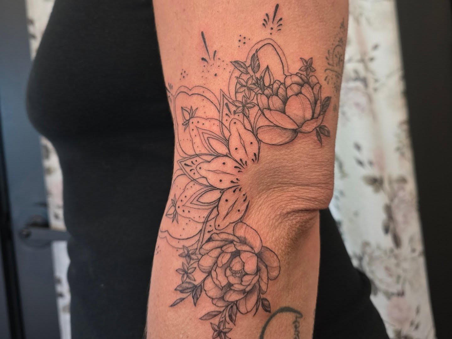 Floral bouquet dotwork tattoo on the forearm by 🖤🥀🐉Taylor Nichole👻🌙✨️