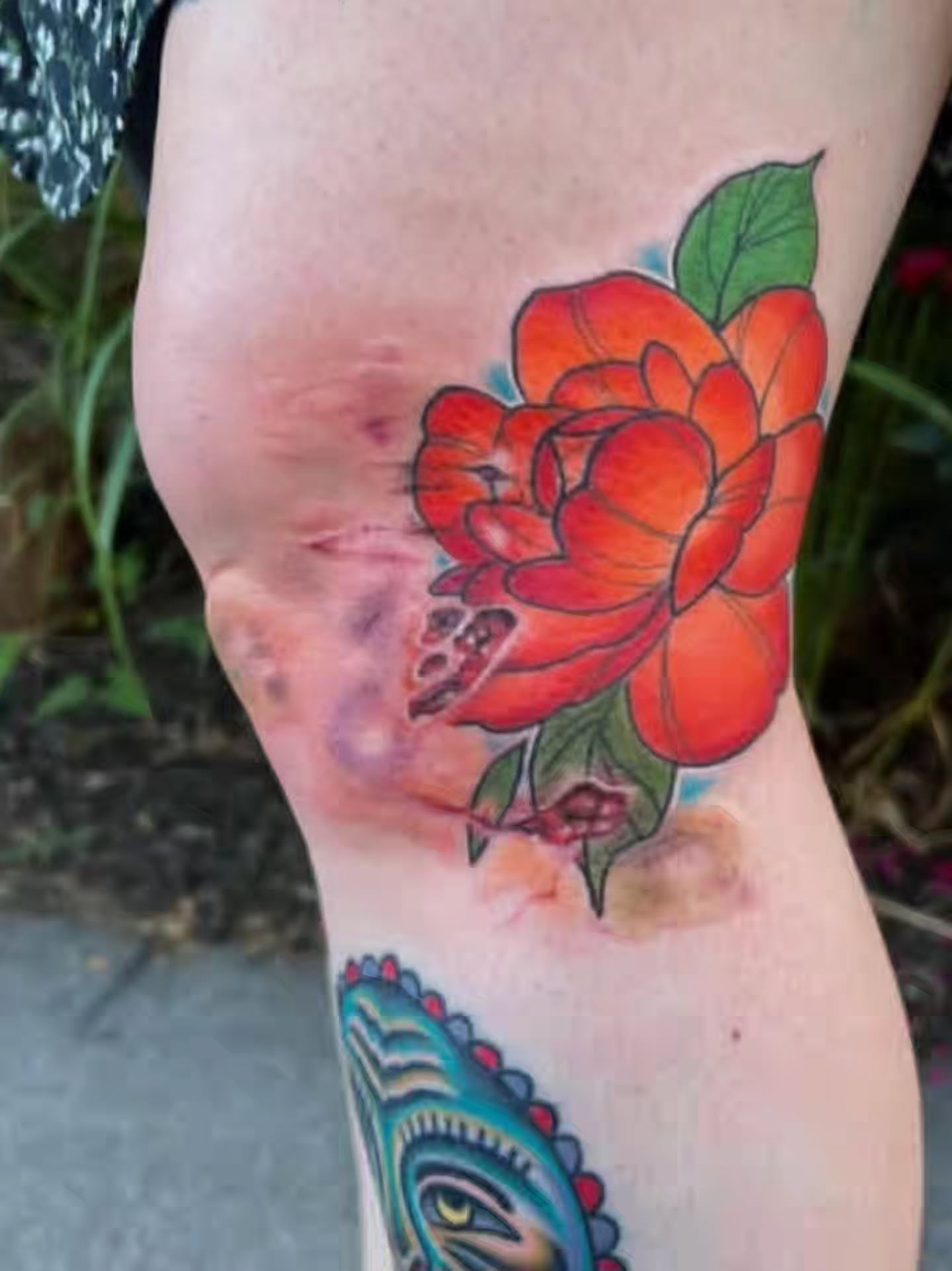 Red rose American traditional tattoo on the forearm by SJ Horvath