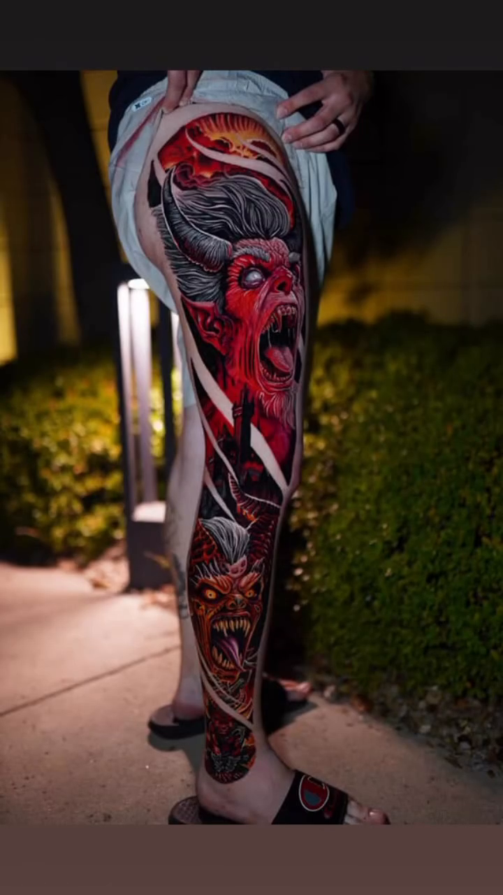 Demon and warrior leg sleeve realism tattoo by Zac Pedrosa