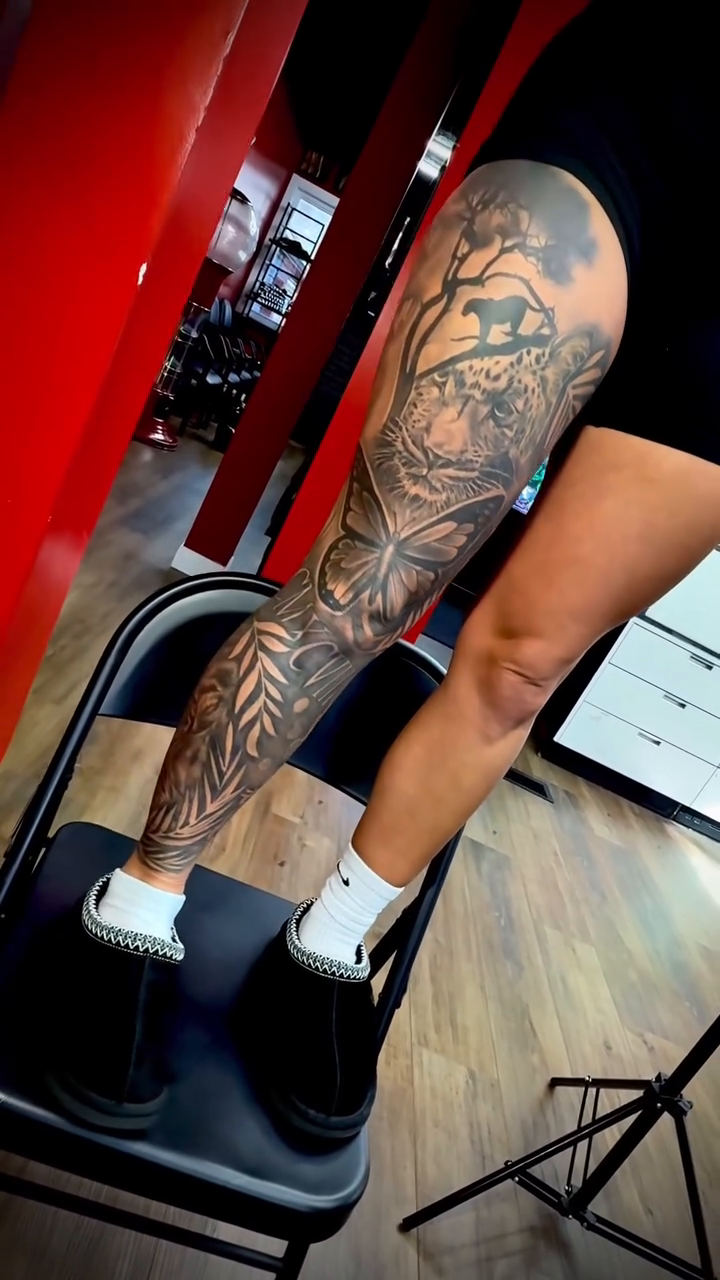 Full leg sleeve with various elements realism tattoo by Tatt2T (T King)