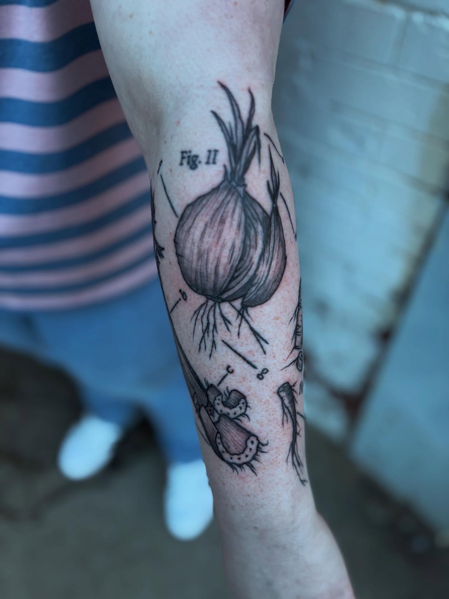 Onion black and grey tattoo on the forearm by kris noble floyd