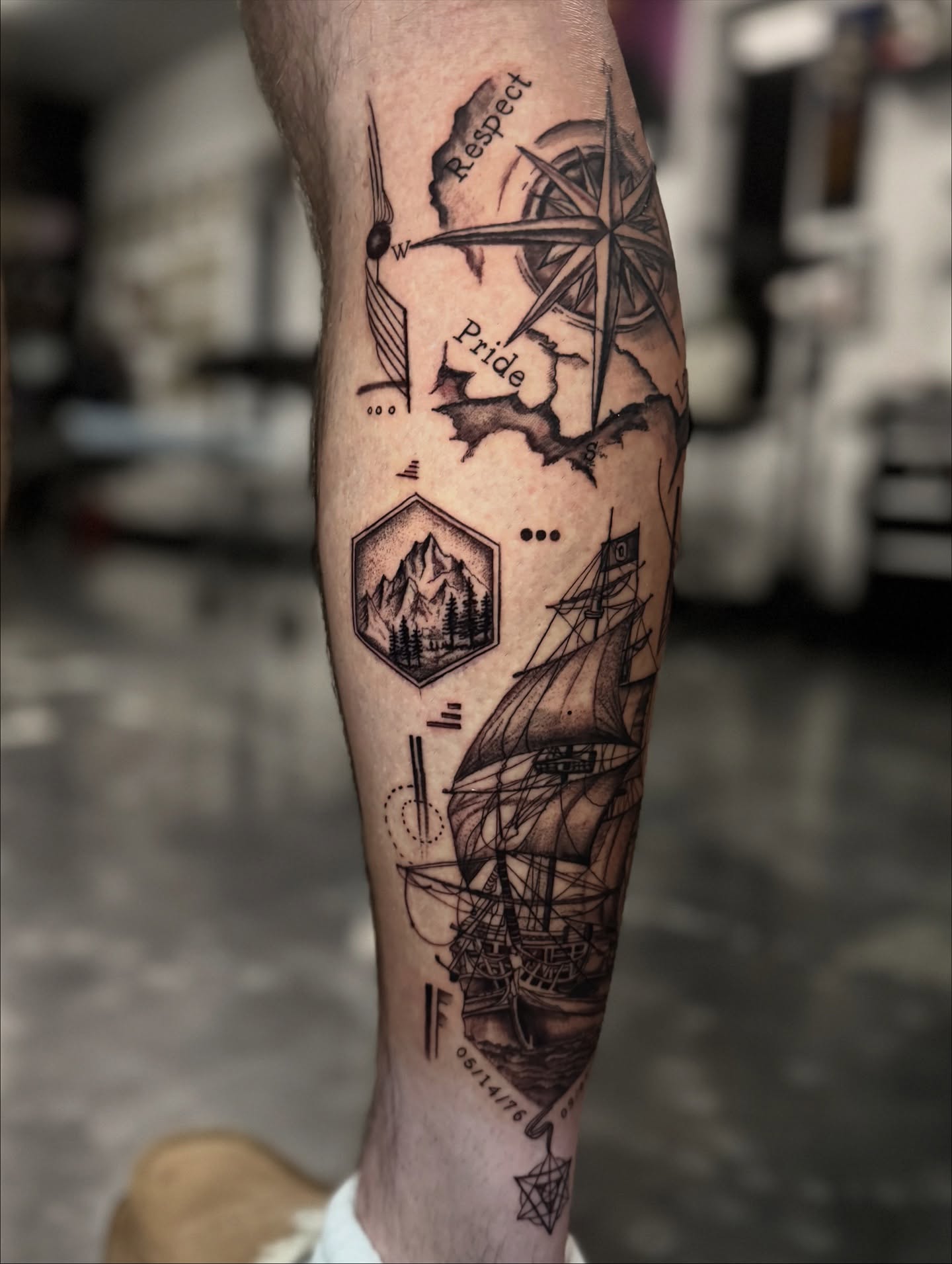 Nautical theme black and grey tattoo on the forearm by Paola Pineda Tattoo, Knoxville, Tennessee
