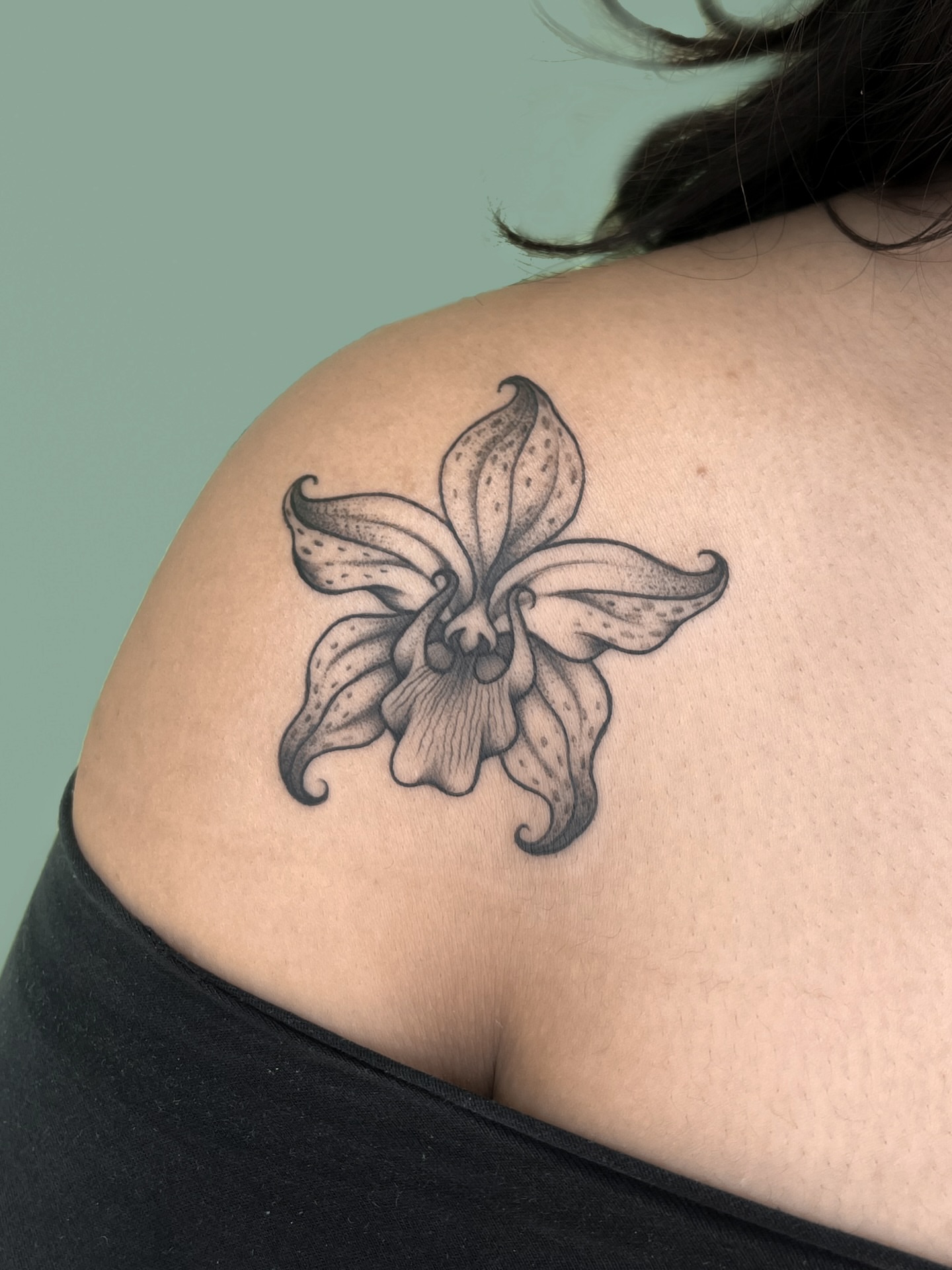 Lily dotwork tattoo on the shoulder by nina