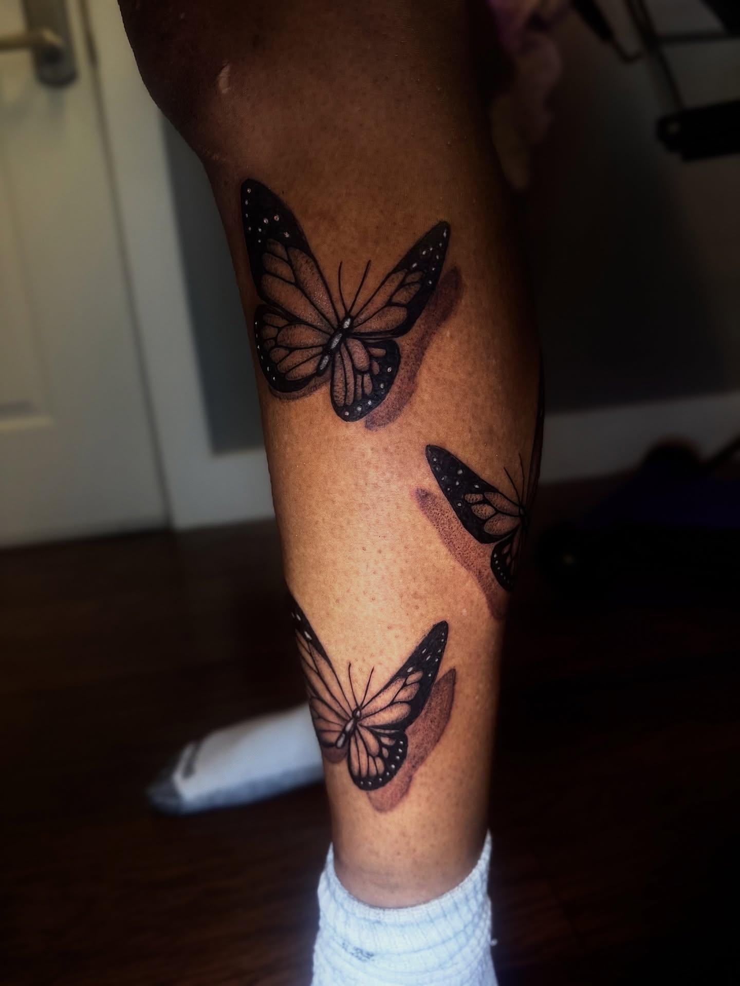 Butterflies black and grey tattoo on the calf by Pikashi 🎨🖌️🖤