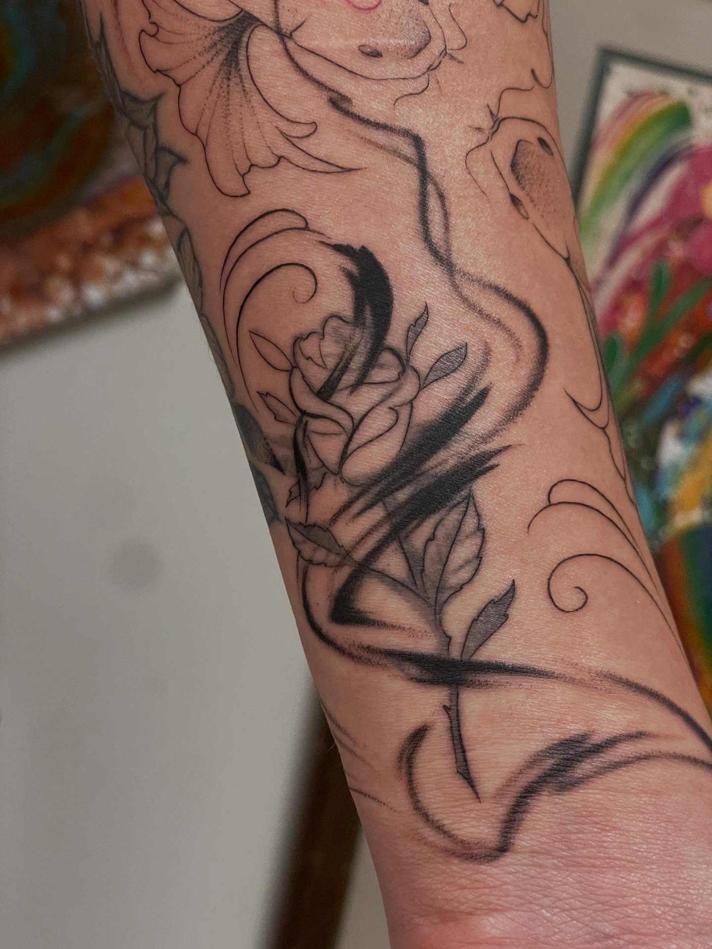 Rose black and grey tattoo on the forearm by Marjeline González🌈🌞