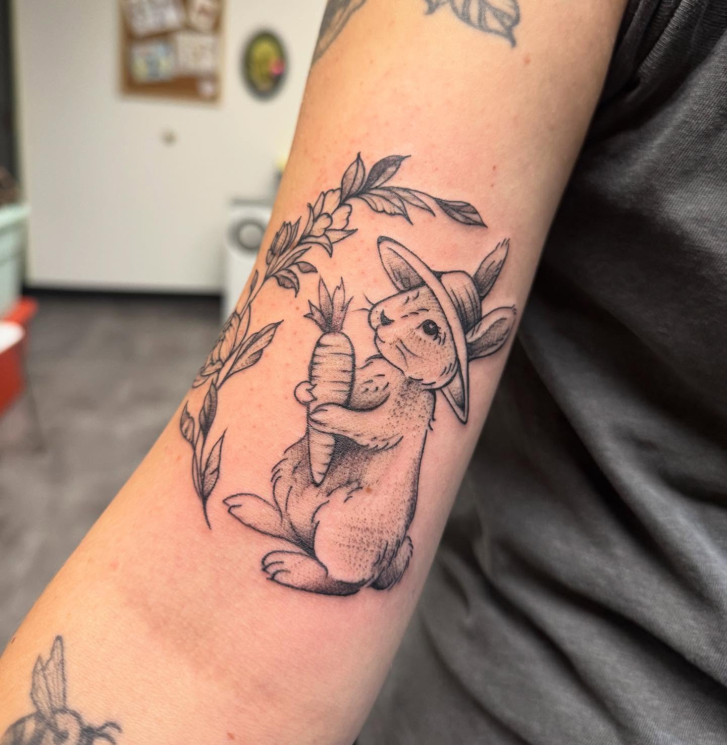 Rabbit with carrot dotwork tattoo on the forearm by 𝗞𝗮𝘁 𝗕𝗹𝗮𝗻𝗸𝗲𝗻𝘀𝗵𝗶𝗽