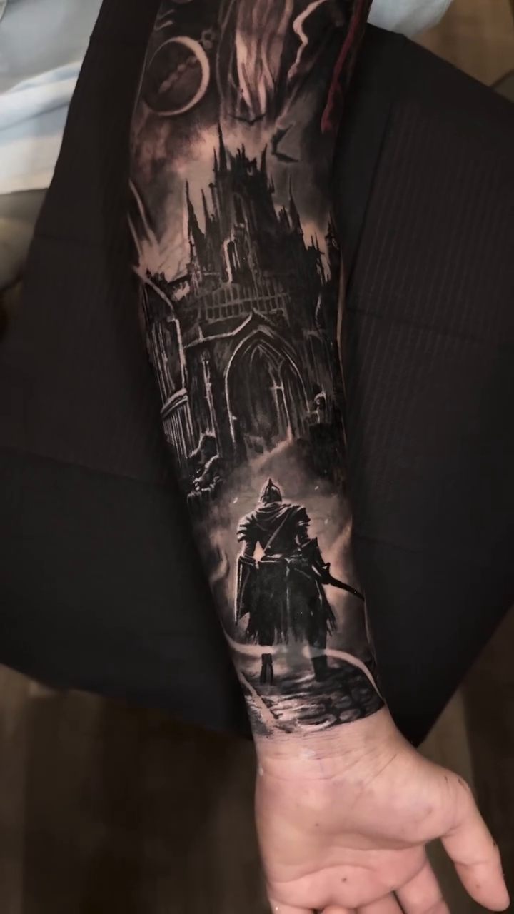 Gothic castle and figure dark realism tattoo by Armando Galán 🇨🇱🇺🇸