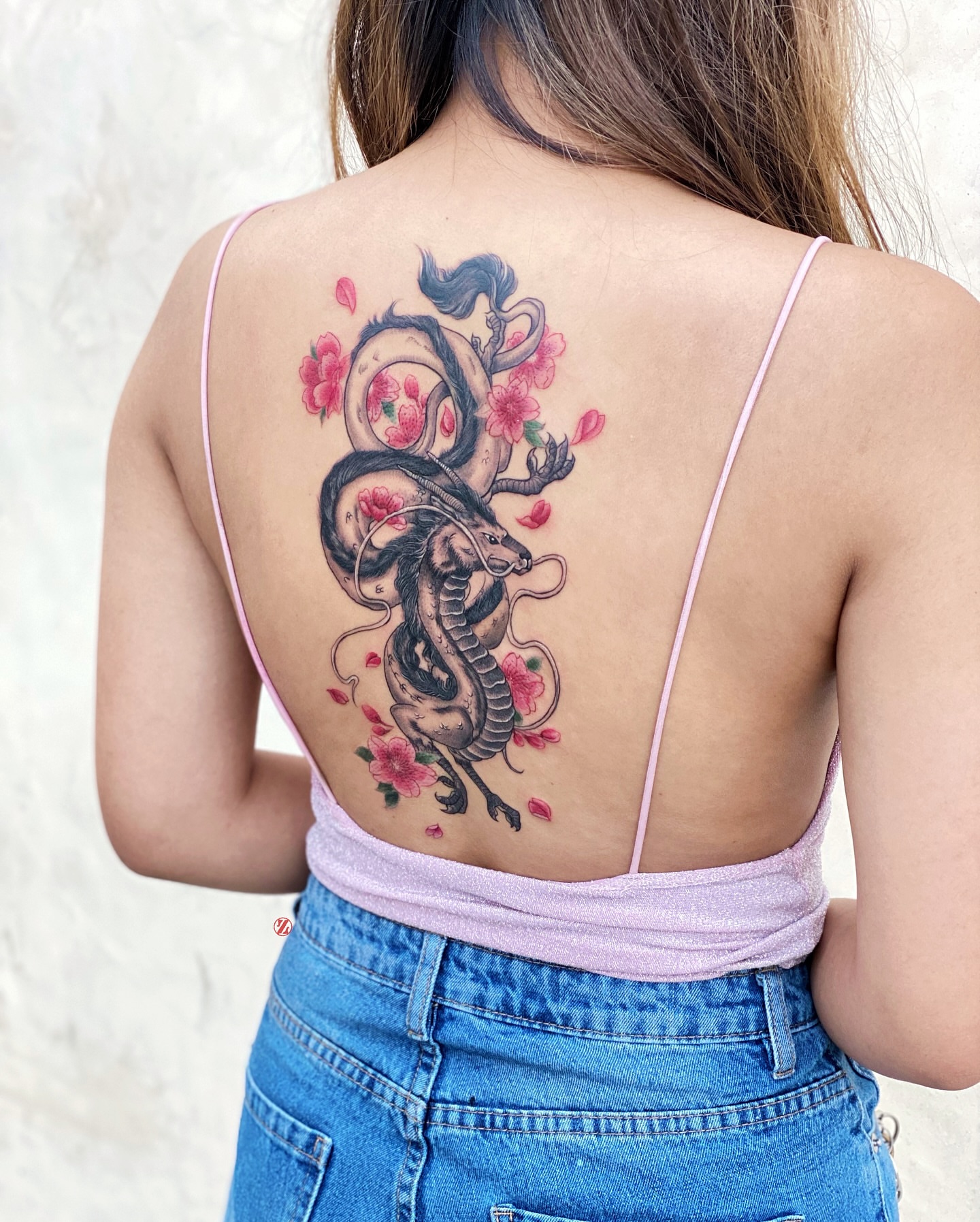 Dragon and flowers new school tattoo on the back by Jiang_Tattooer