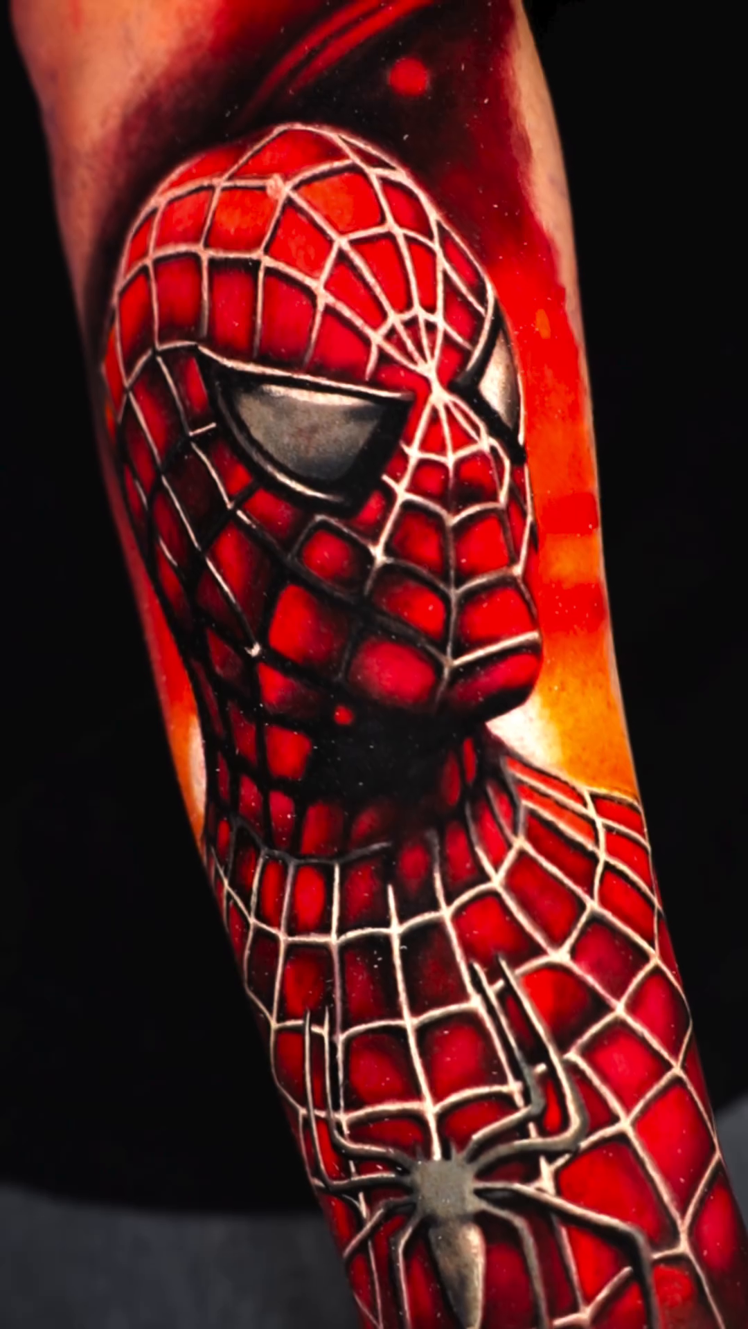 Spiderman portrait new school tattoo on the forearm by Nate