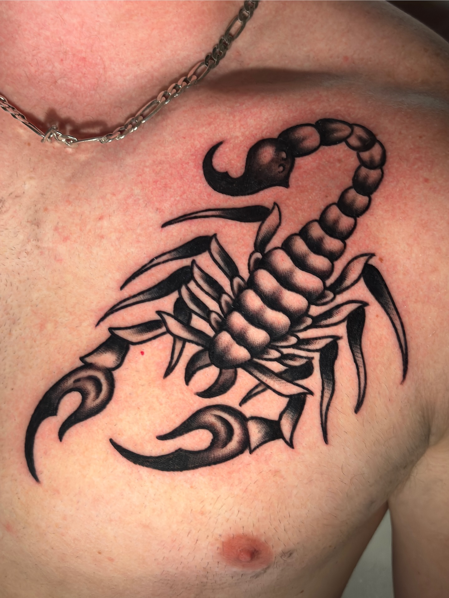 Scorpion black and grey tattoo on the chest by Matt Elliott, Murfreesboro, Tennessee