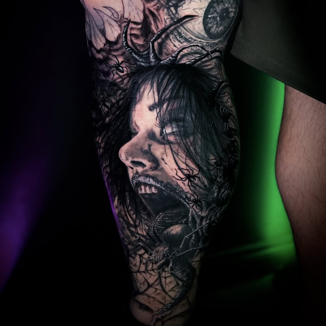Tattoo by @ghostbutchertattoos — dark_realism, black_and_grey