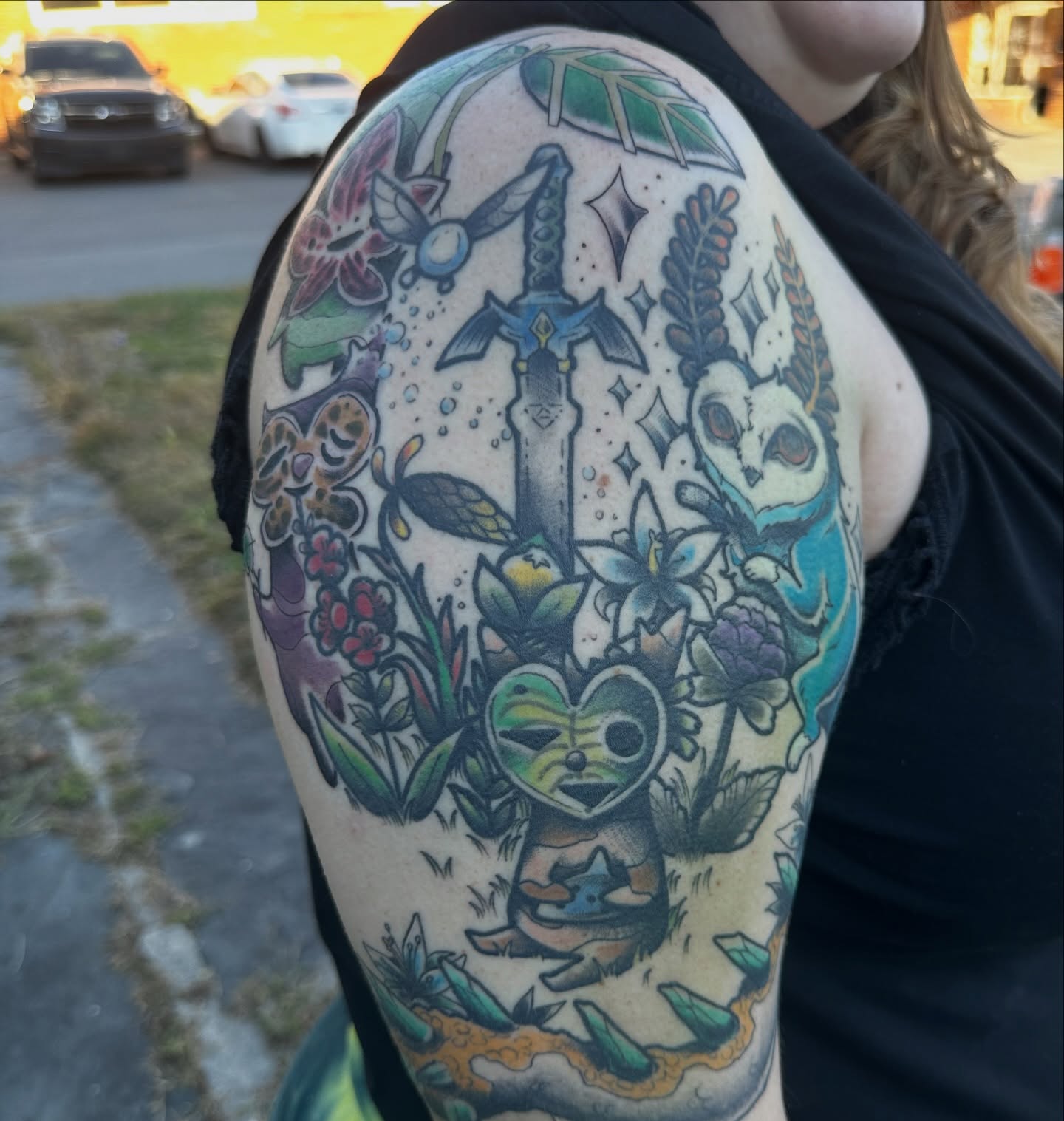 Sword and owl American traditional tattoo on the shoulder by 🦷J.McHugh🦷