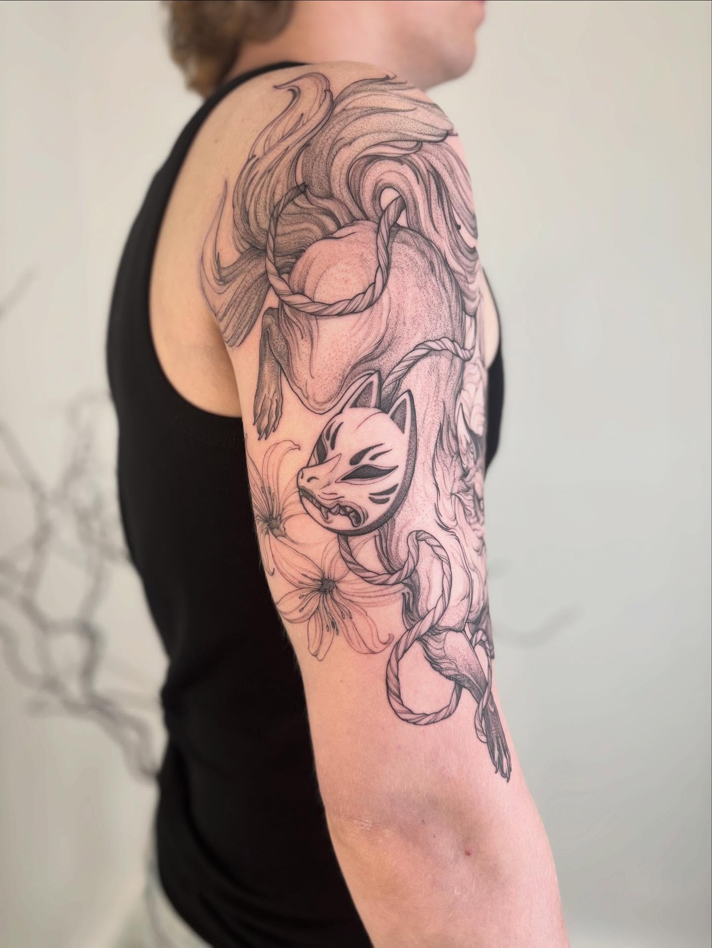 Fox and flowers realism tattoo on the forearm by vaprol tattoo ✧ Boston