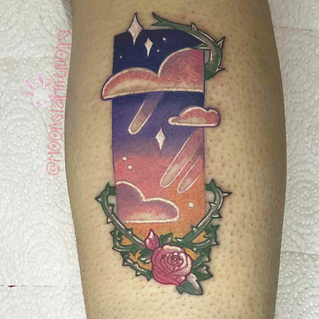 Sky and clouds new school tattoo on the forearm by 𝓑𝓾𝓷𝓷𝔂 𝓓. 𝓥𝓪𝓷𝓒𝓸𝓮𝓿𝓮𝓻𝓲𝓷𝓰