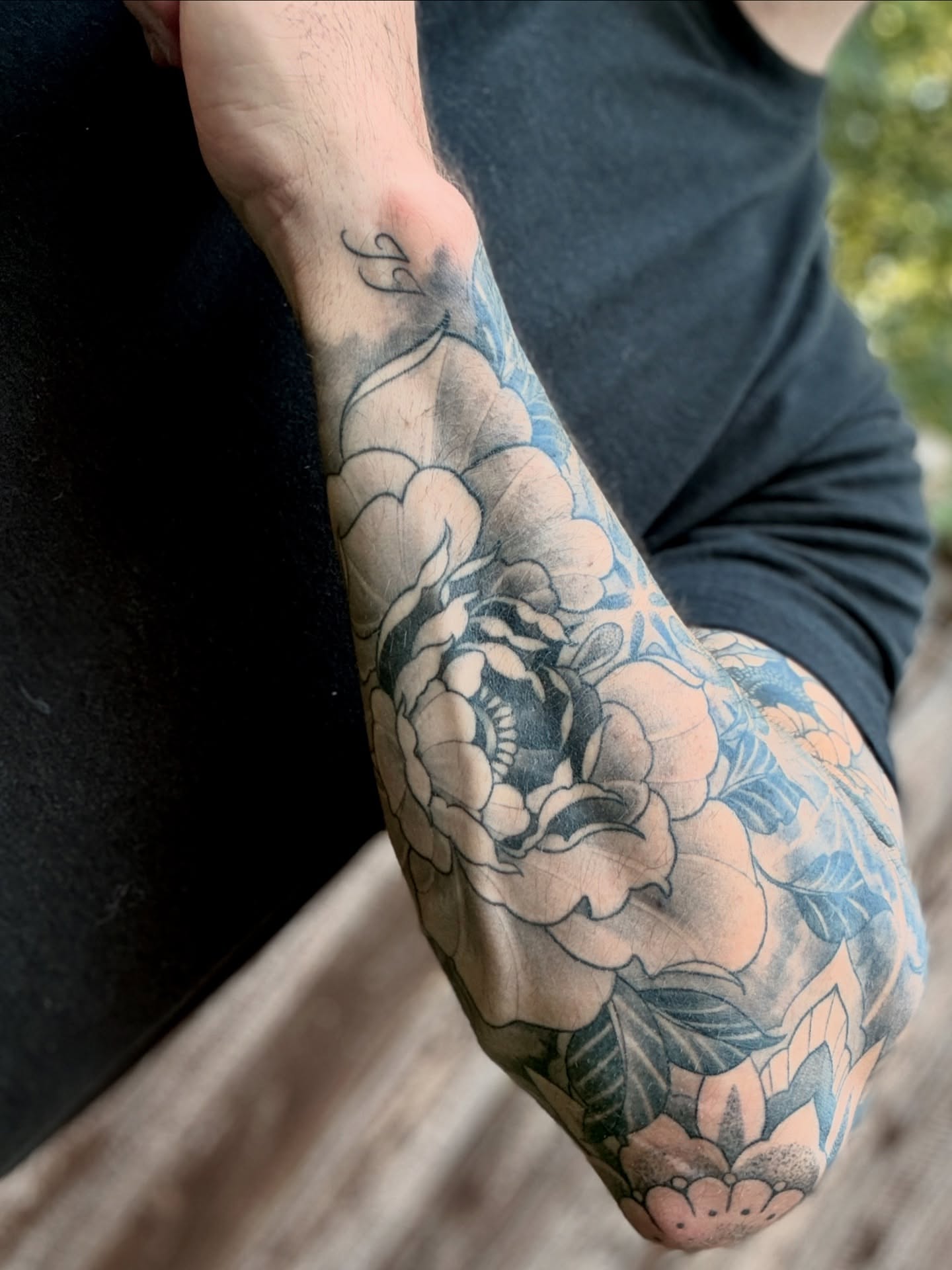 Peony black and grey tattoo on the forearm by Joi Bailey, Denton, Texas