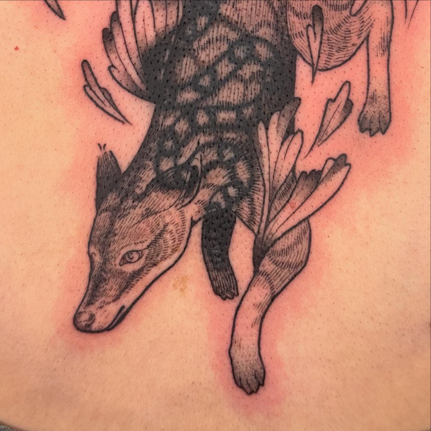 Deer dotwork tattoo on the back by Ivy