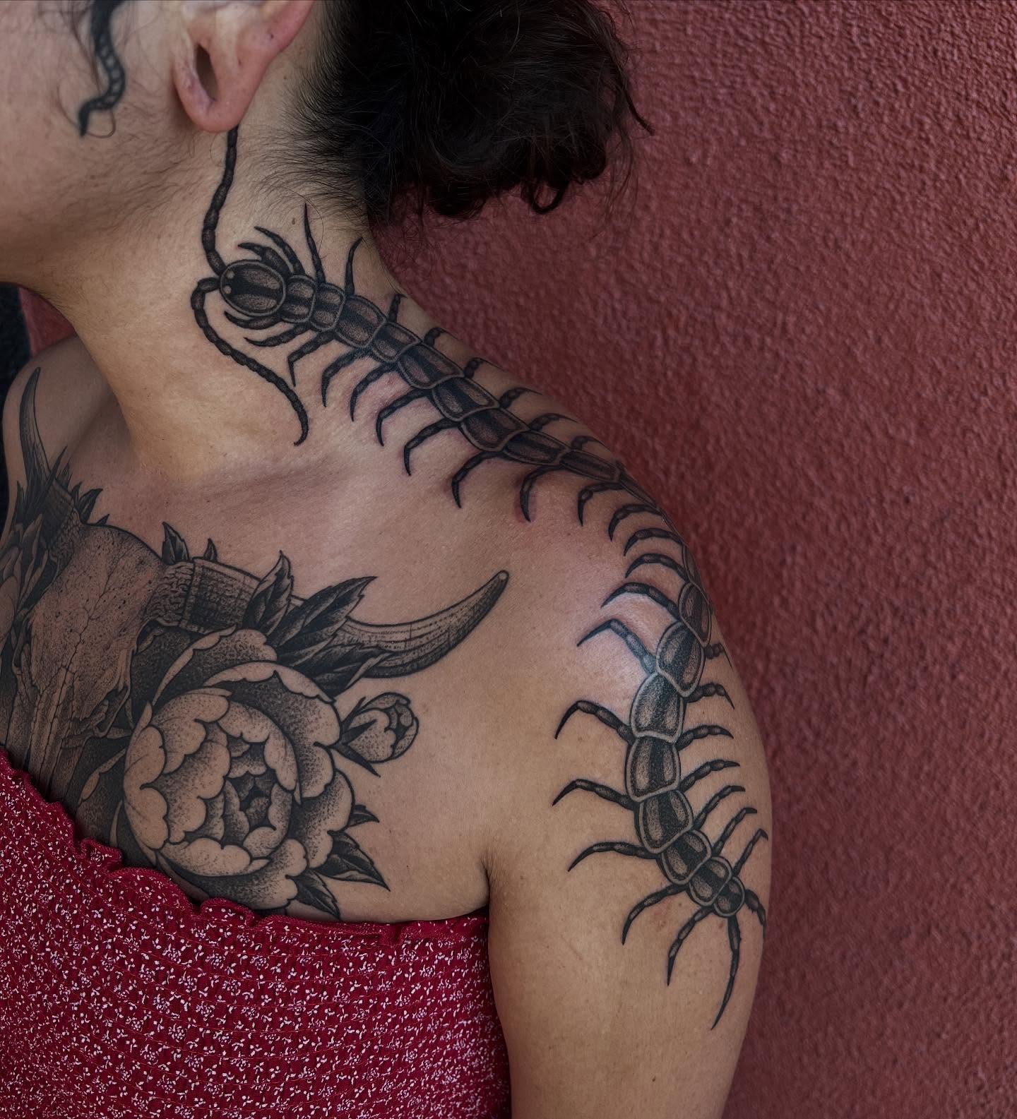 Centipede and peony black and grey tattoo on the shoulder by Austin Tattoo Artist