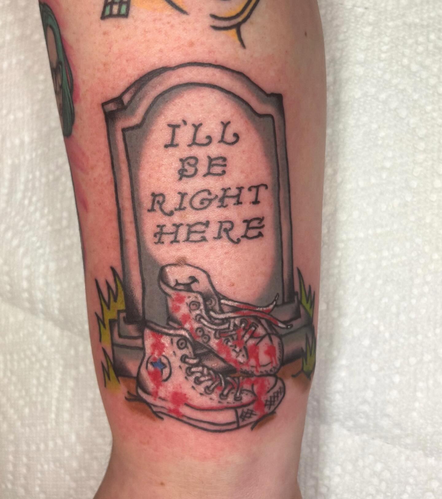 Grave marker with text American traditional tattoo on the forearm by Katelyn Spence