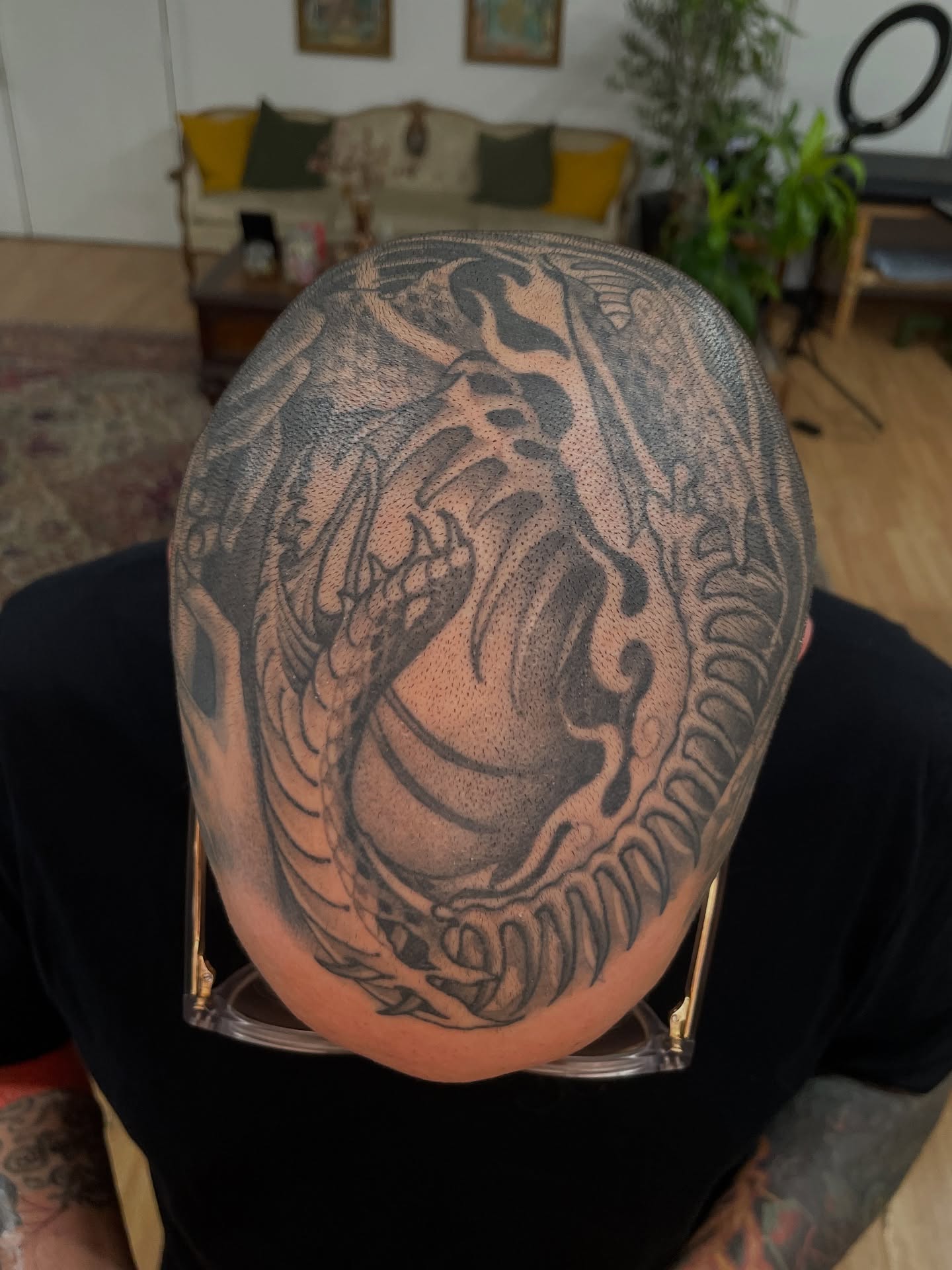 Elephant black and grey tattoo on the head by Collie Mills, Philadelphia, Pennsylvania