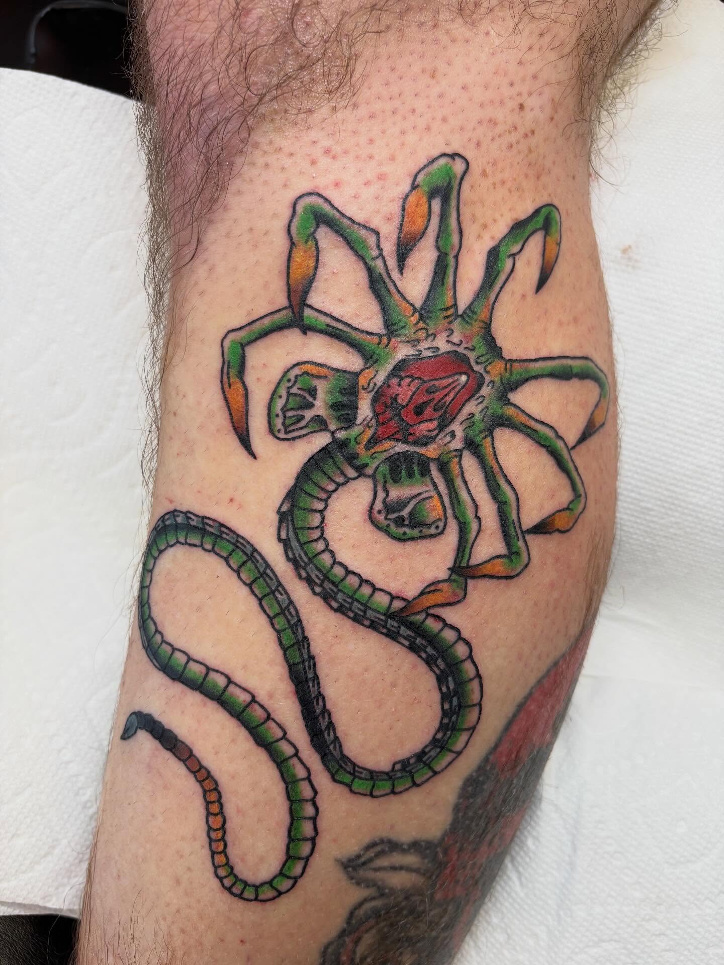 Spider with snake American traditional tattoo on the forearm by Ben Whyte
