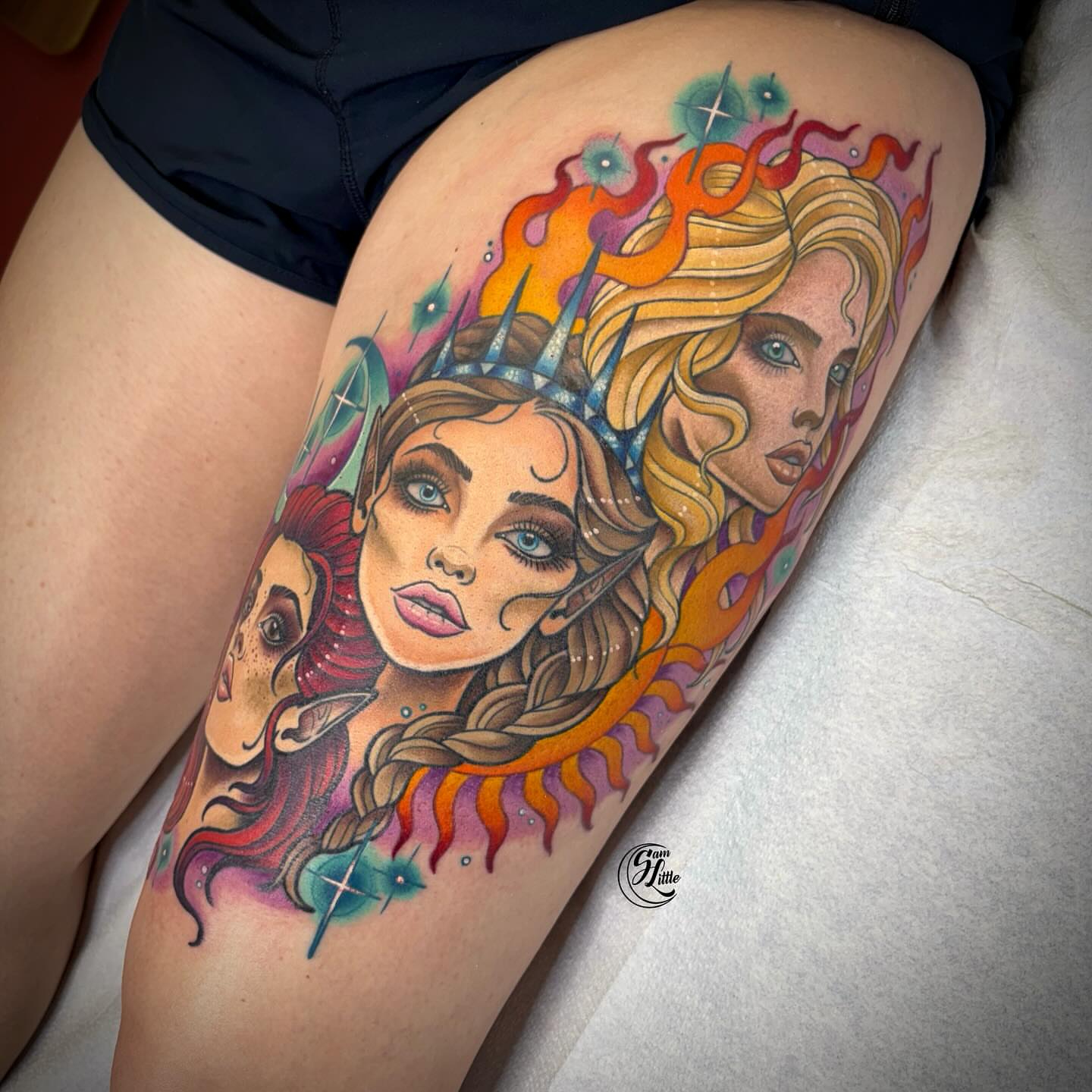 Three women illustrative tattoo on the thigh by 𝓢𝓪𝓶 𝓛𝓲𝓽𝓽𝓵𝓮