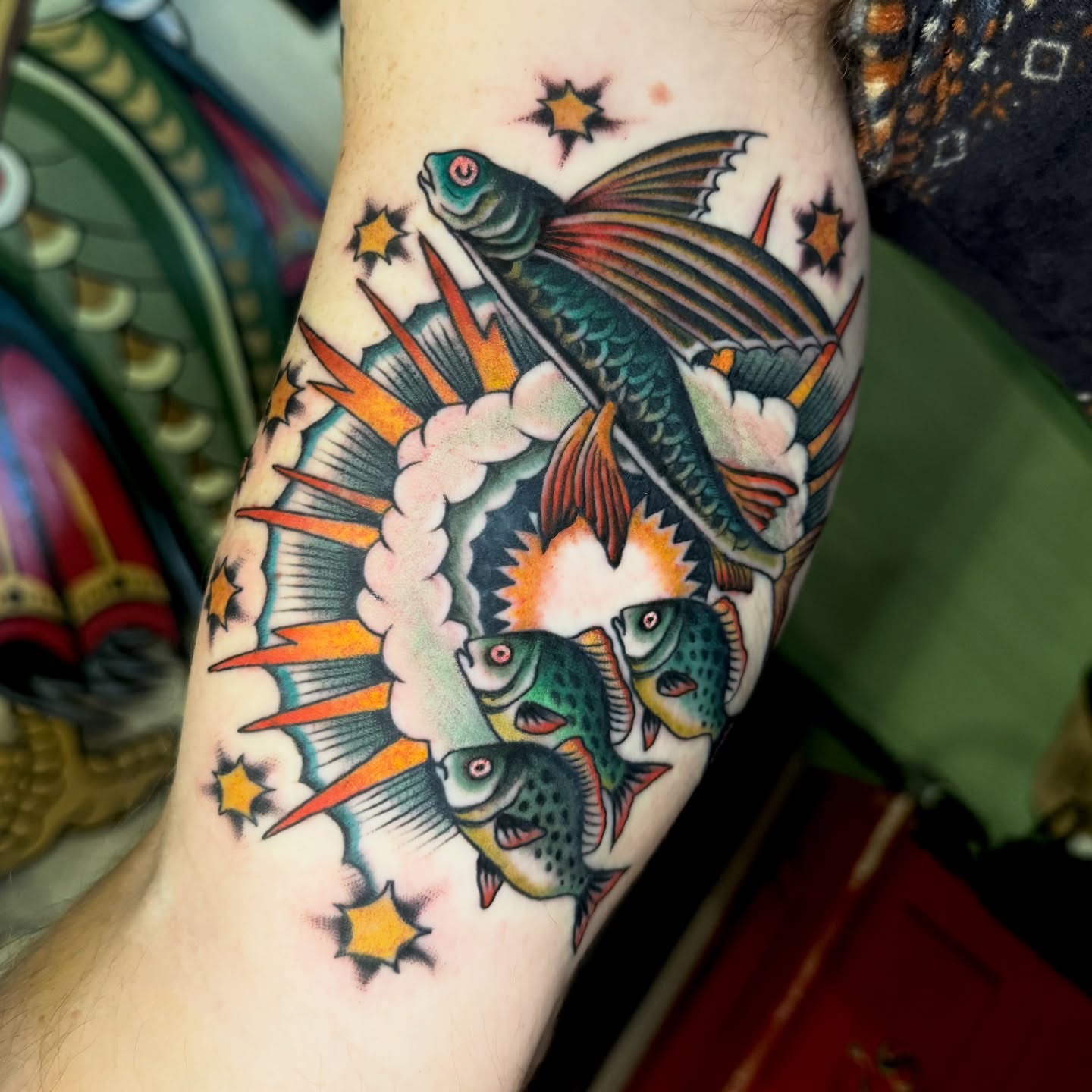 Flying fish American traditional tattoo on the forearm by Pavel