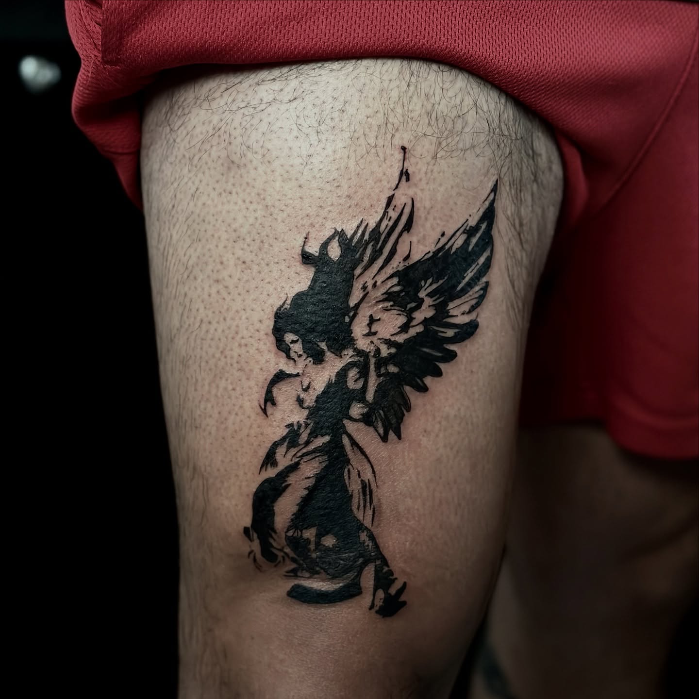Winged creature black and grey tattoo on the thigh by πΎππ π π·ππ πππππ πΏπππππ π¬πππππ