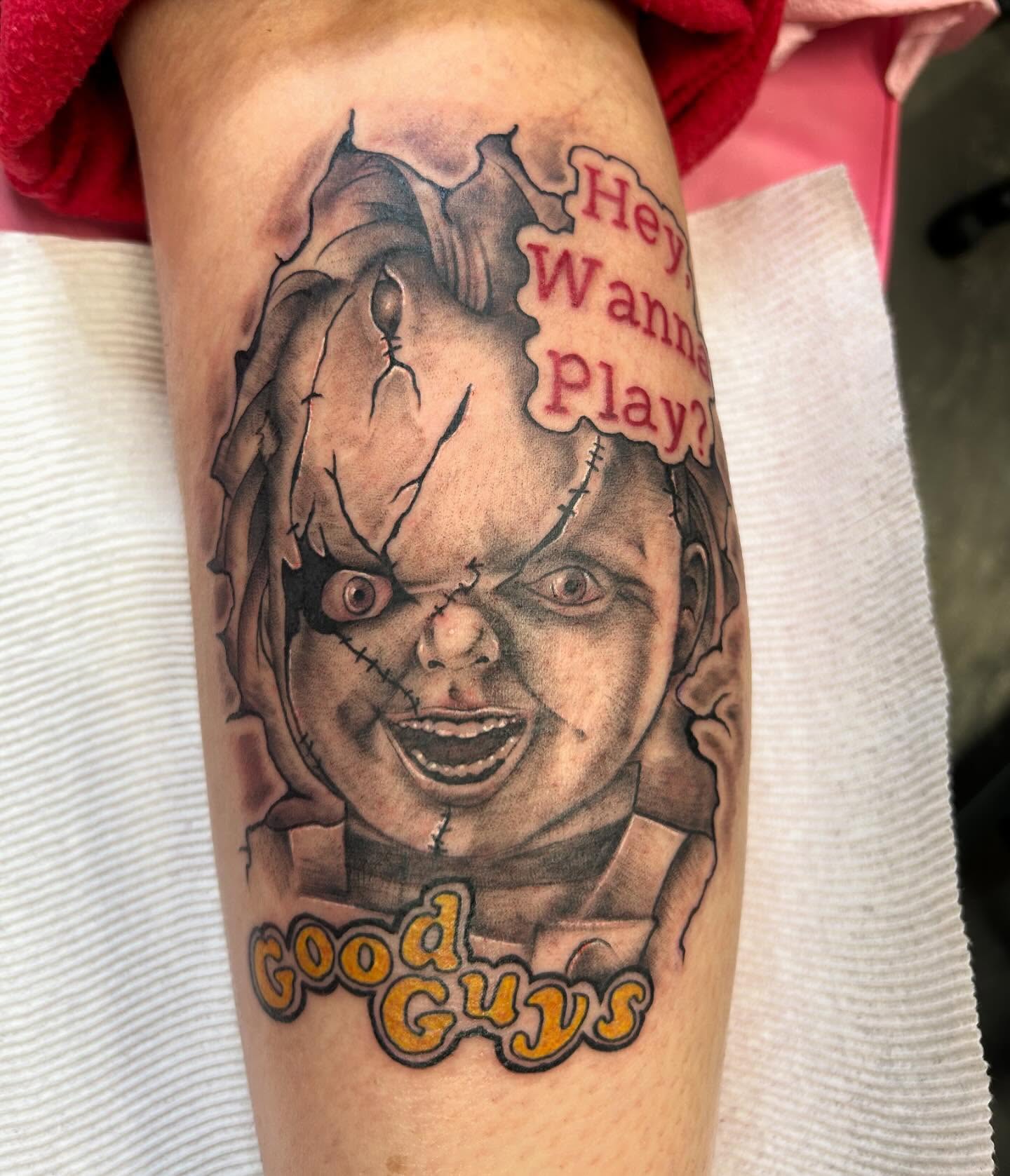 Chucky realism tattoo on the forearm by Big Mar, Rocky Hill, Connecticut
