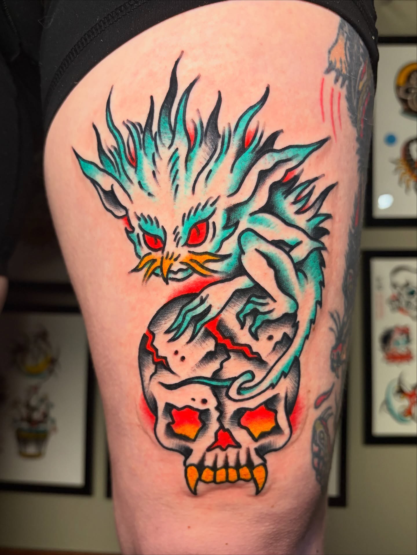 Demon skull American traditional tattoo on the thigh by David Armacost, Cincinnati, Ohio