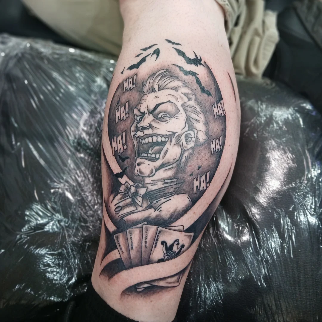 Joker realism tattoo on the forearm by Andrew j Ward, Whitman, Massachusetts