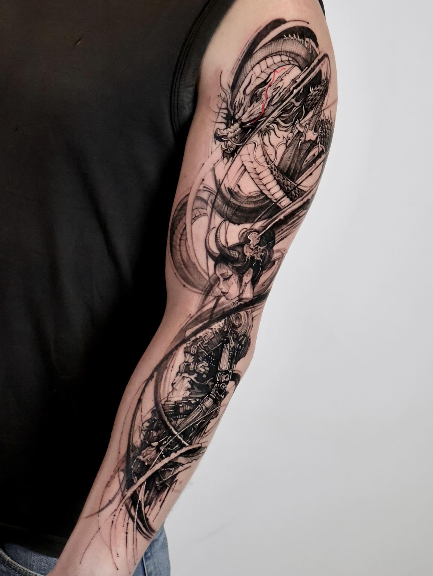 Dragon and geisha japanese irezumi tattoo on the forearm by Tadi
