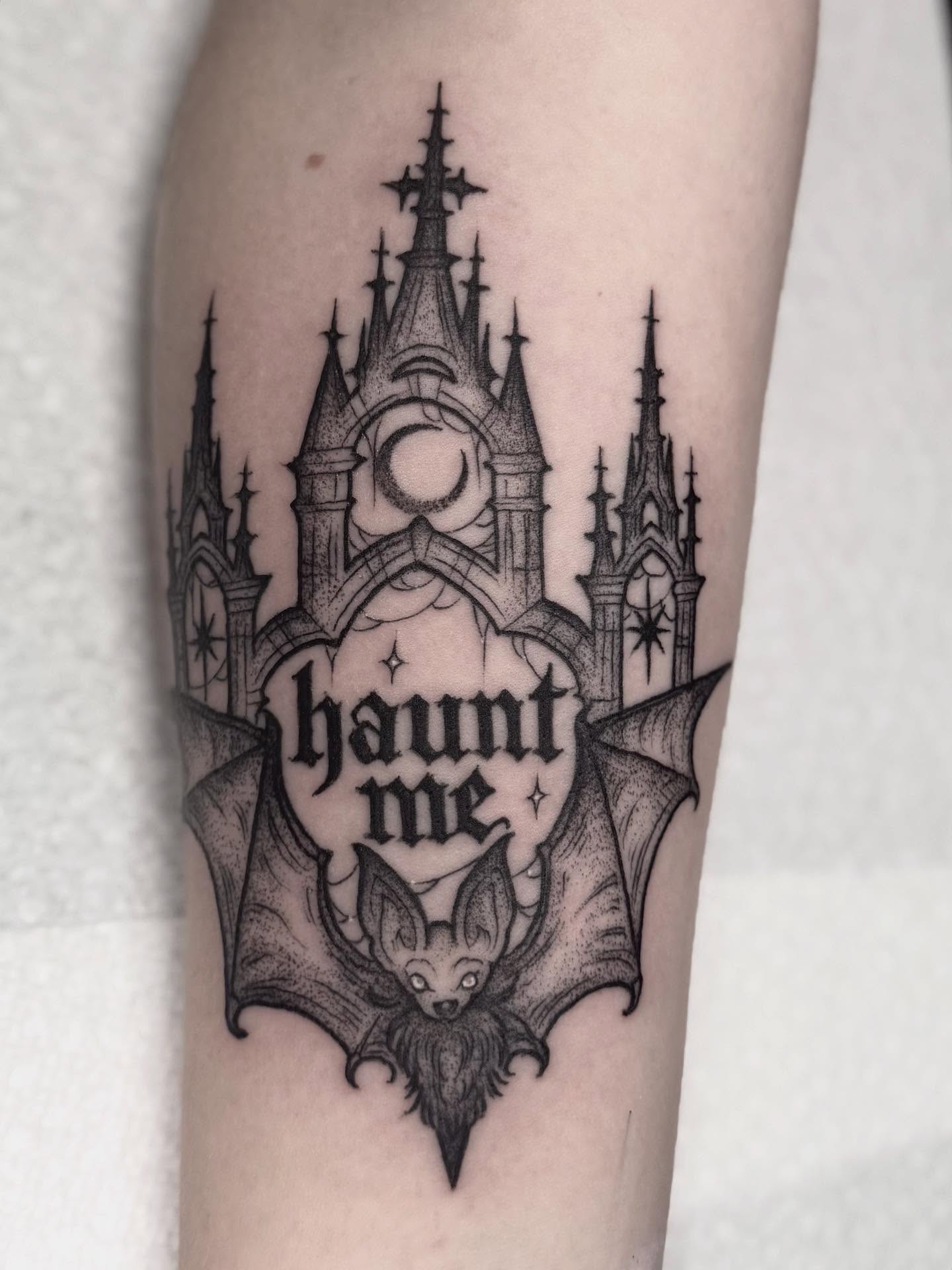 Castle with bat dark realism tattoo on the forearm by Cincinnati